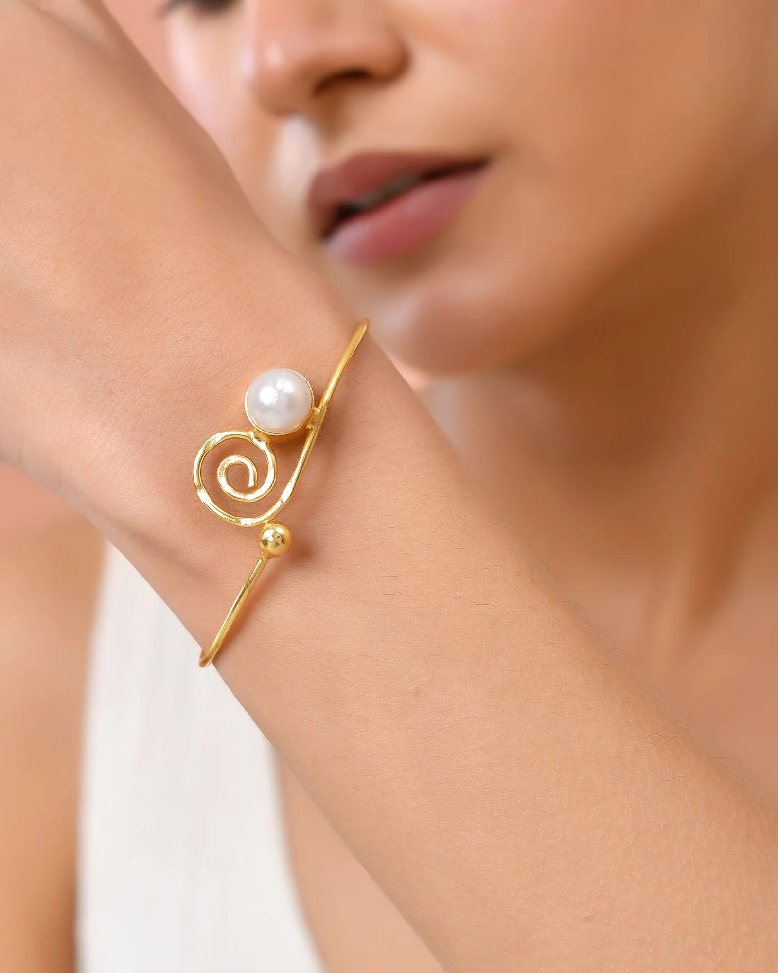 Jewels Nest Gold-Tone Pearl Detail Swirl Cuff Bracelet For Women - Image 2