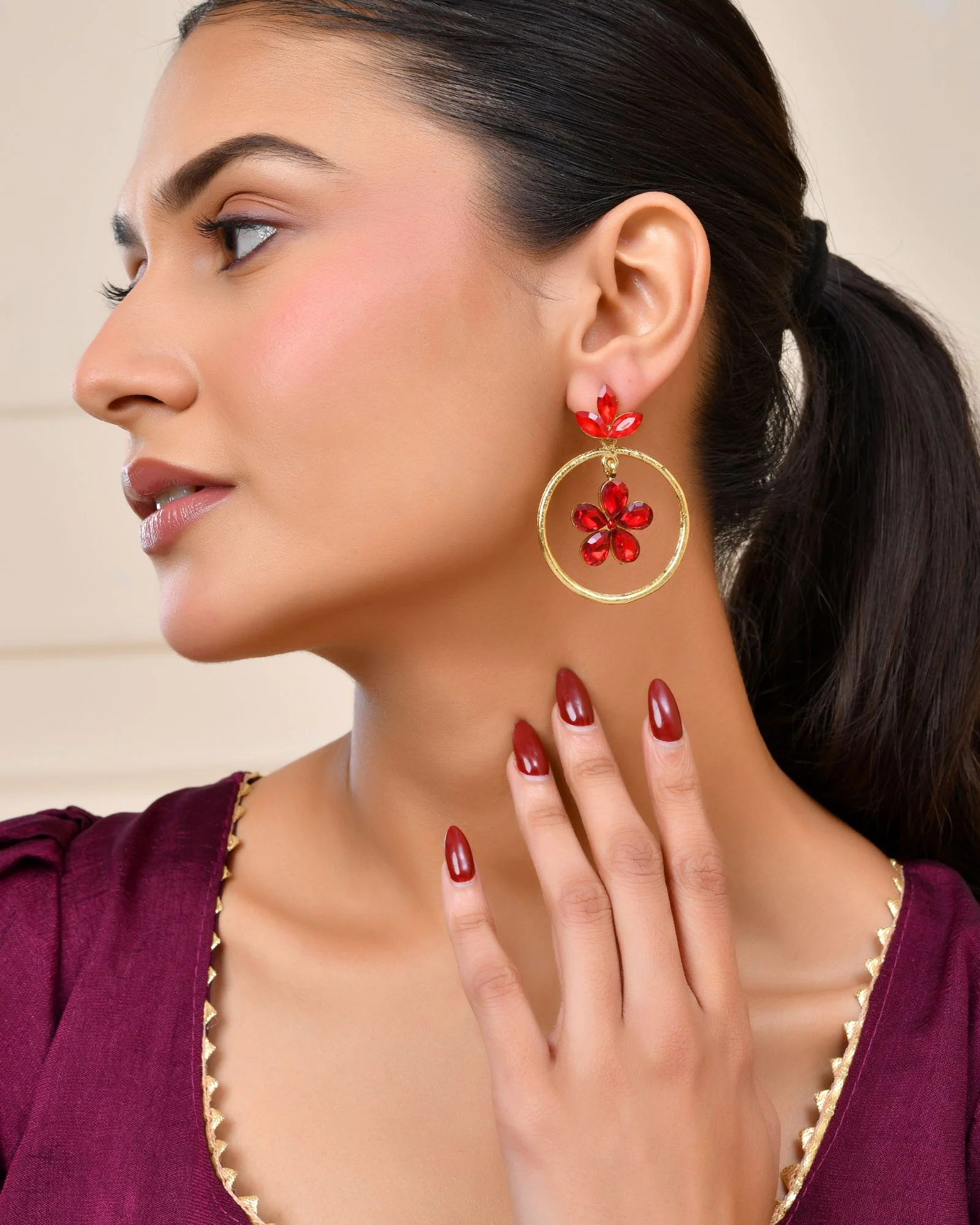 Jewels Nest Gold-Tone Red Crystal Floral Hoop Earrings For Women - Image 2