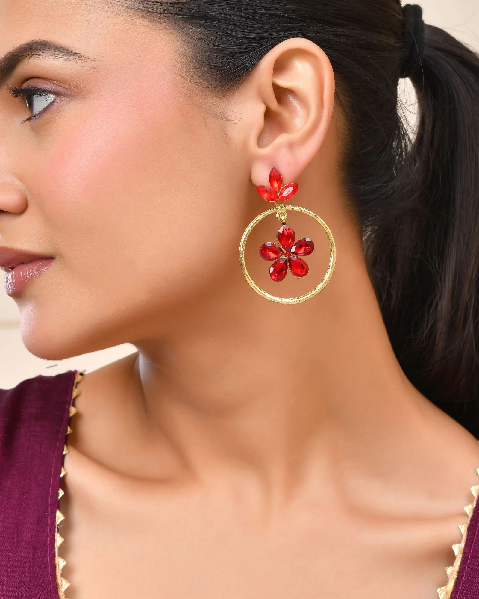 Jewels Nest Gold-Tone Red Crystal Floral Hoop Earrings For Women - Image 3