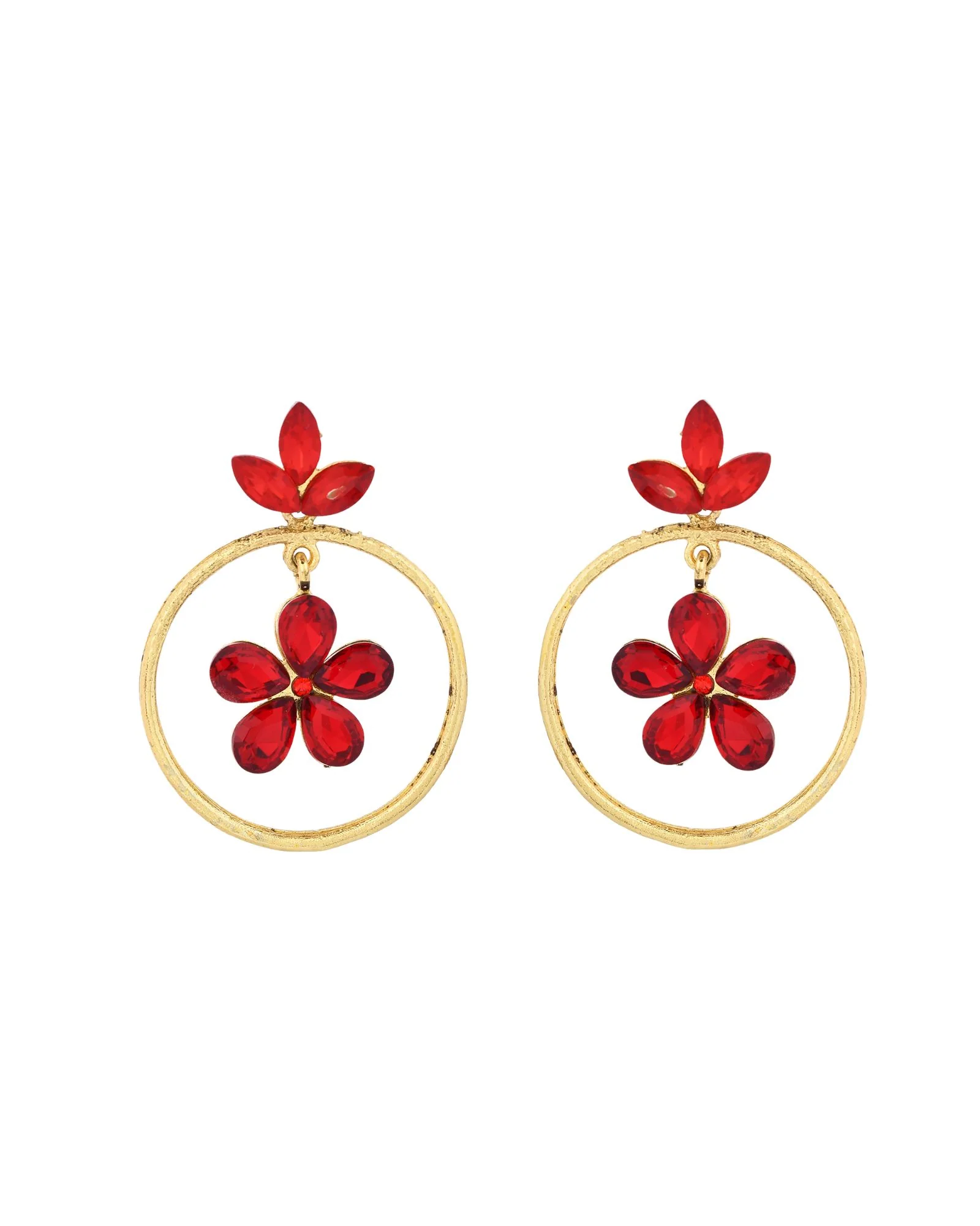 Jewels Nest Gold-Tone Red Crystal Floral Hoop Earrings For Women - Image 4