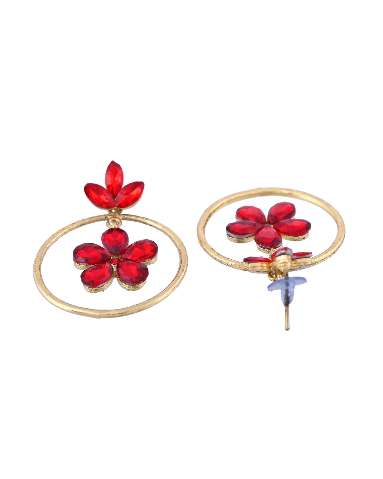 Jewels Nest Gold-Tone Red Crystal Floral Hoop Earrings For Women - Image 5