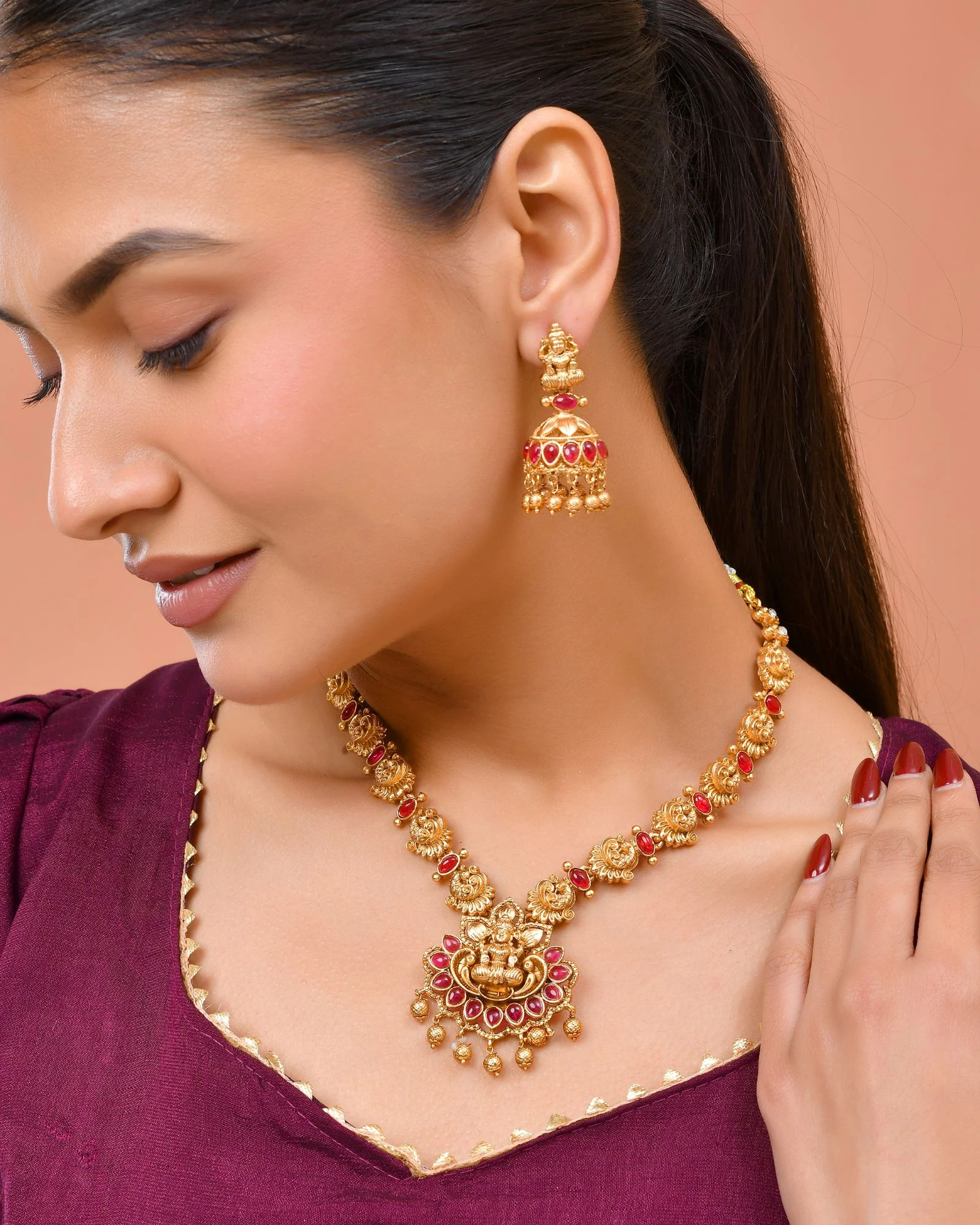 Jewels Nest Gold-Tone Temple Lakshmi Pendant Necklace With Jhumka Earrings - Image 2