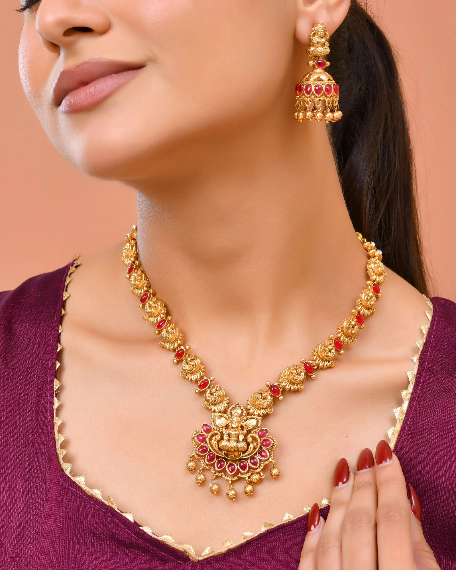 Jewels Nest Gold-Tone Temple Lakshmi Pendant Necklace With Jhumka Earrings - Image 3
