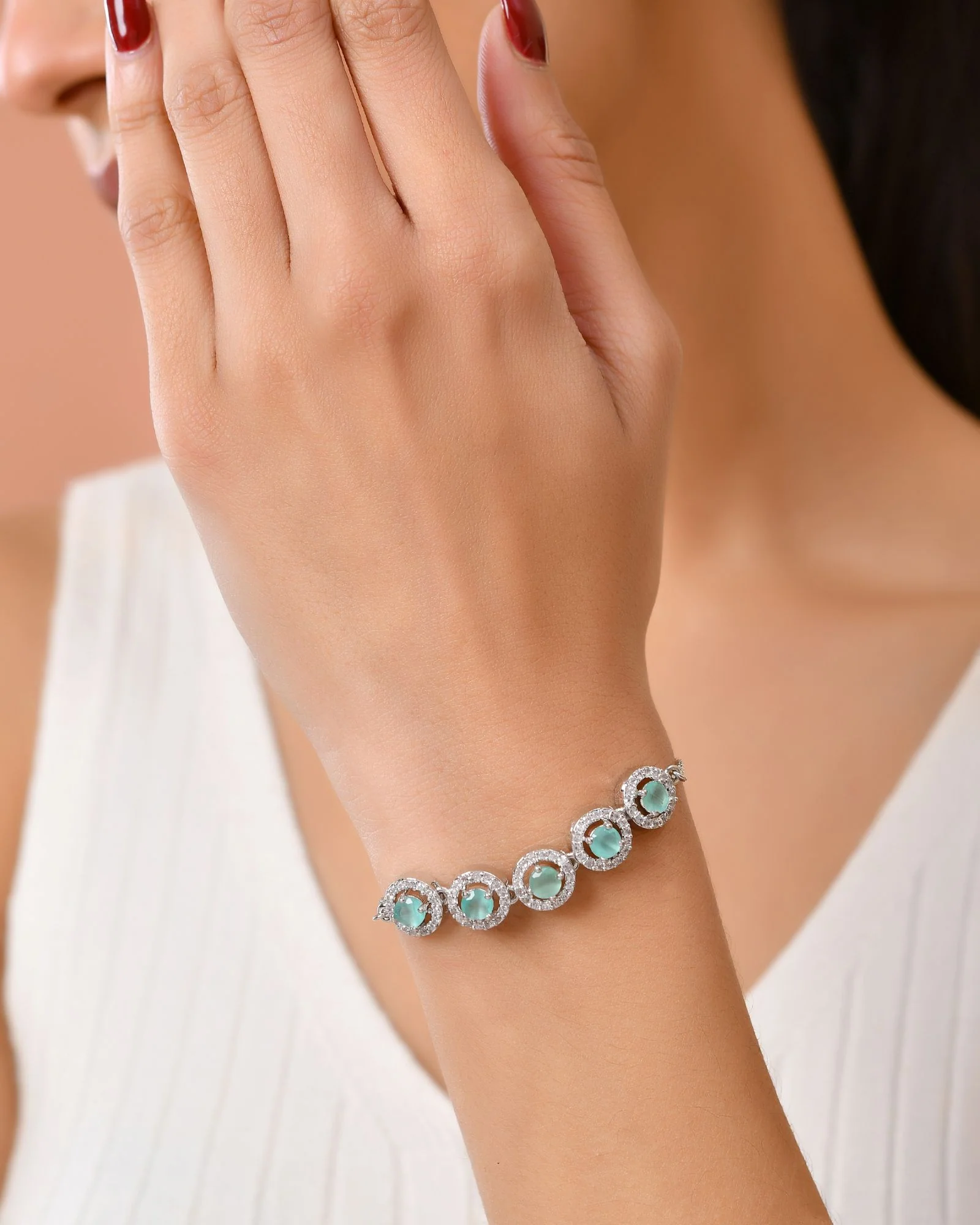 Jewels Nest Green Halo Crystal Adjustable Bracelet For Women - Image 2