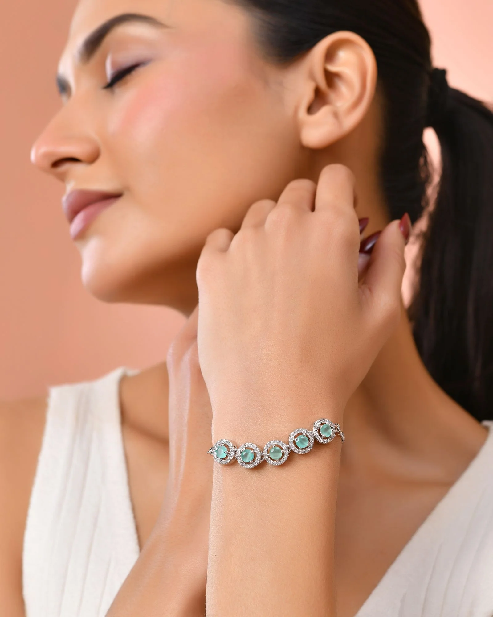 Jewels Nest Green Halo Crystal Adjustable Bracelet For Women - Image 3