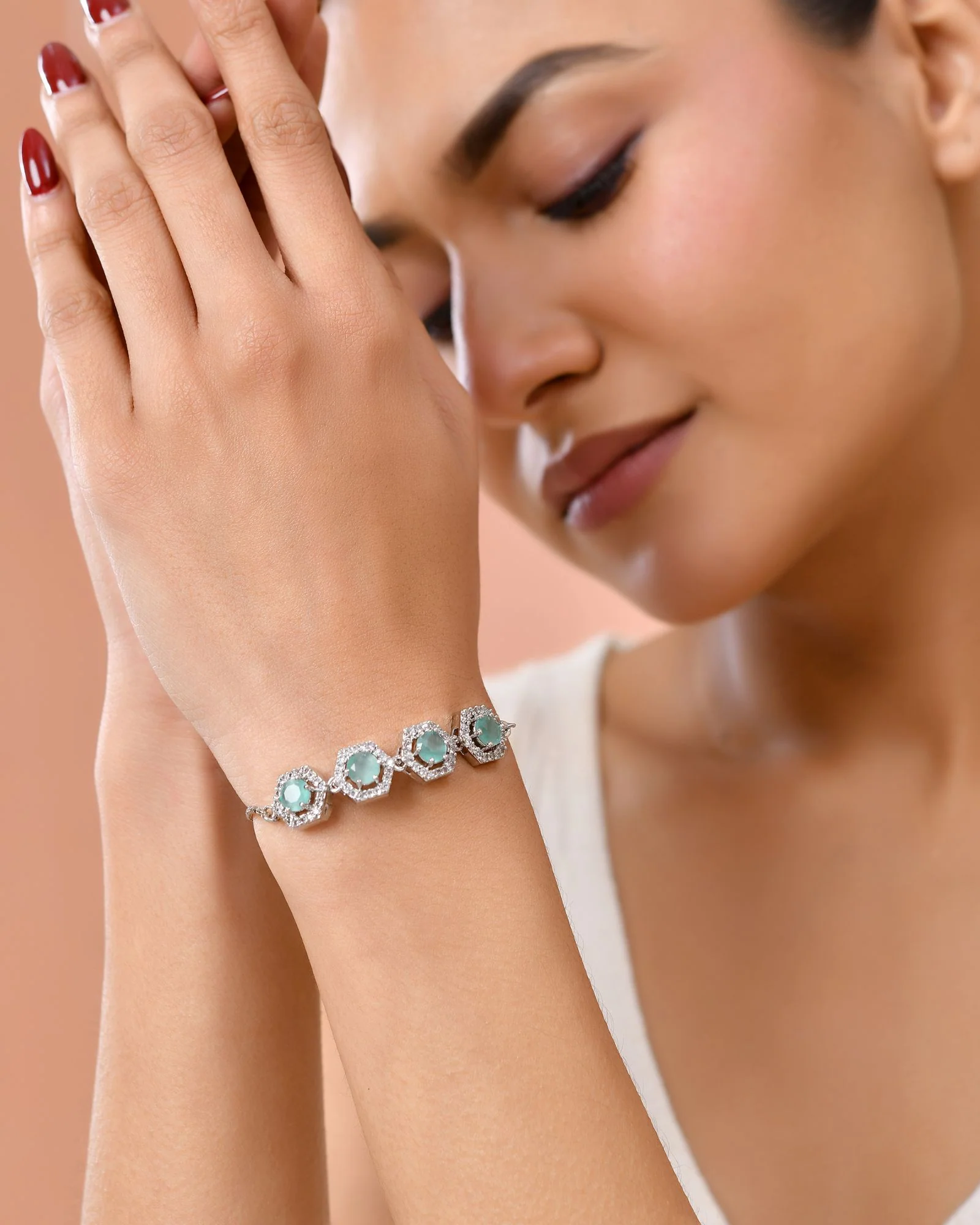 Jewels Nest Mint Green Stone Diamond-Style Adjustable Bracelet For Women - Image 2