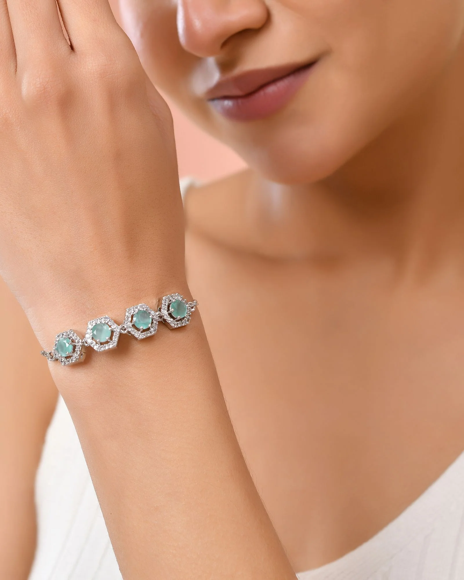 Jewels Nest Mint Green Stone Diamond-Style Adjustable Bracelet For Women - Image 3