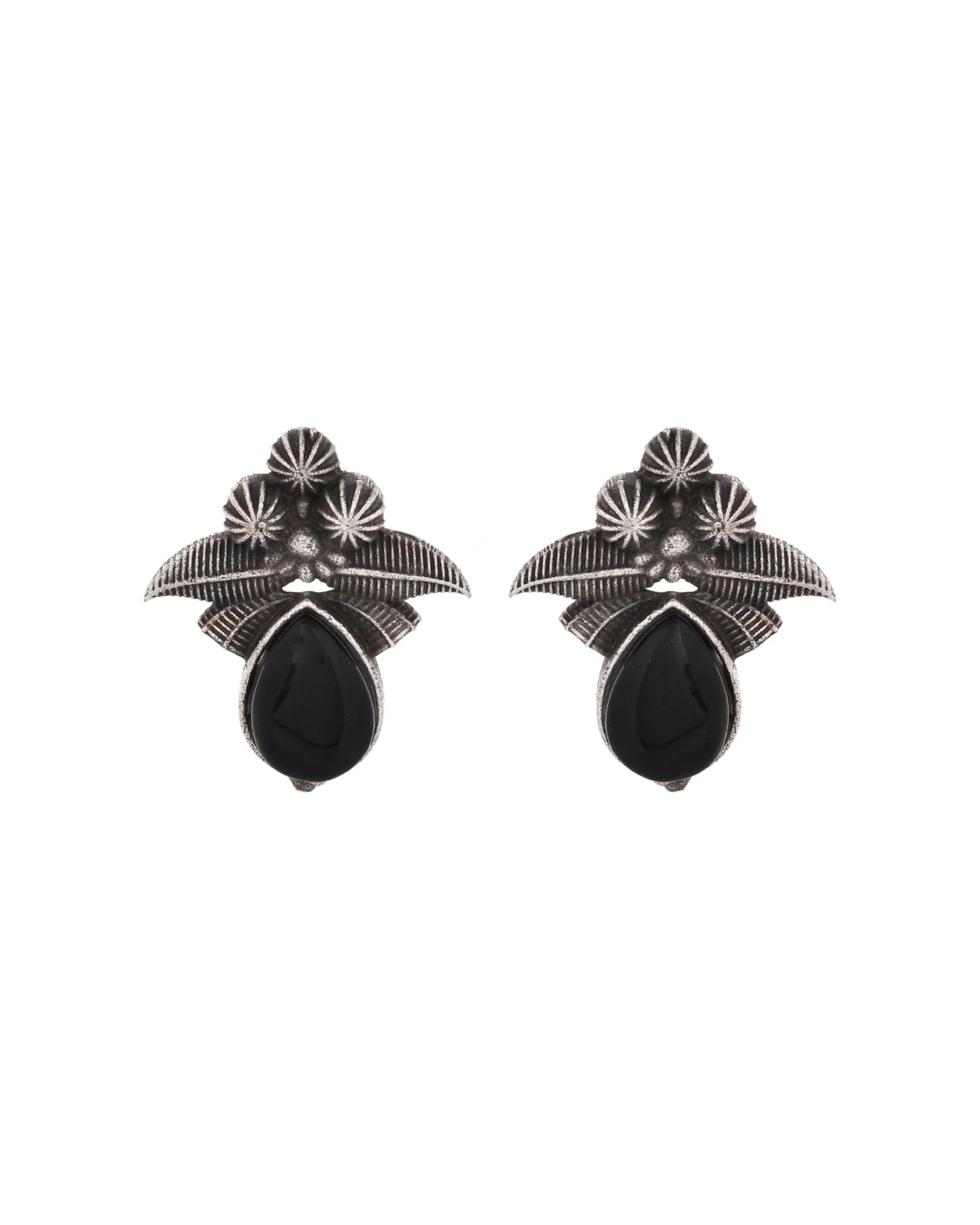 Jewels Nest Oxidised Silver Black Stone Floral Stud Earrings For Women - Image 3