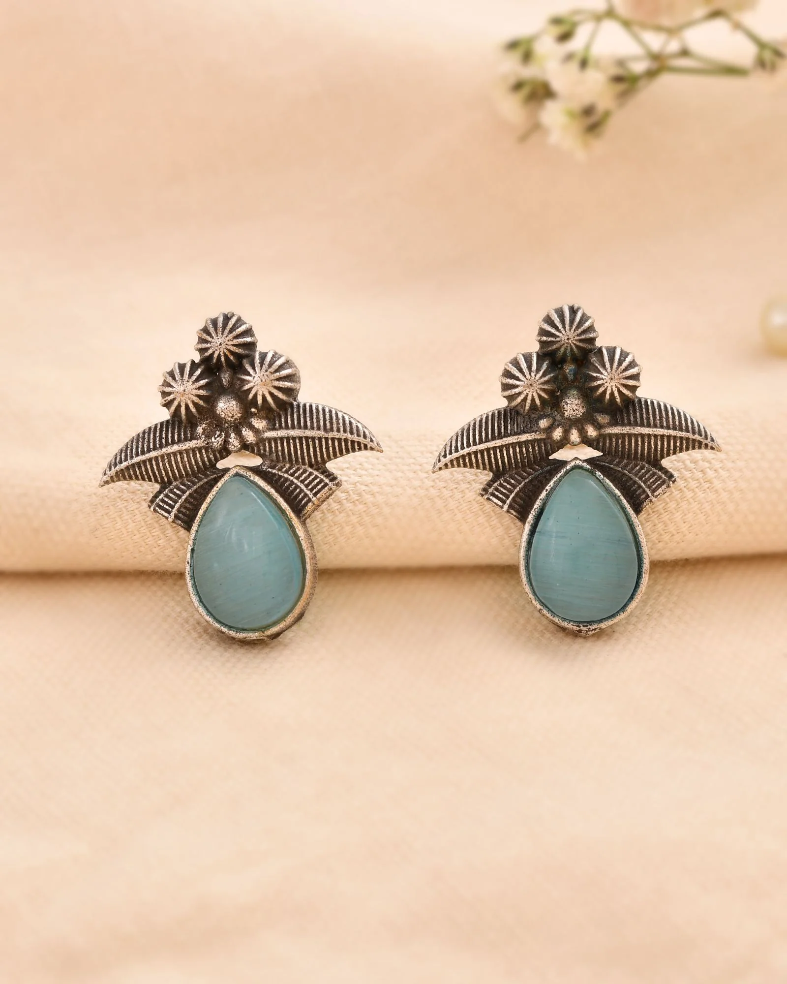 Jewels Nest Oxidised Silver Floral Stud Earrings With Blue Stone For Women