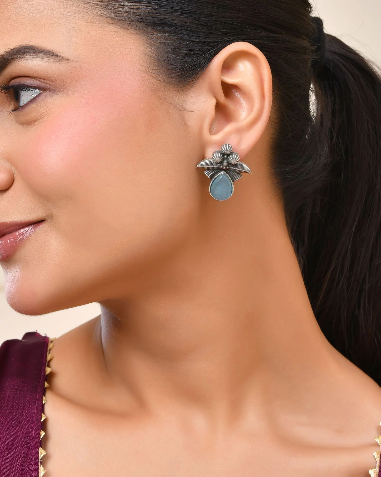 Jewels Nest Oxidised Silver Floral Stud Earrings With Blue Stone For Women - Image 5