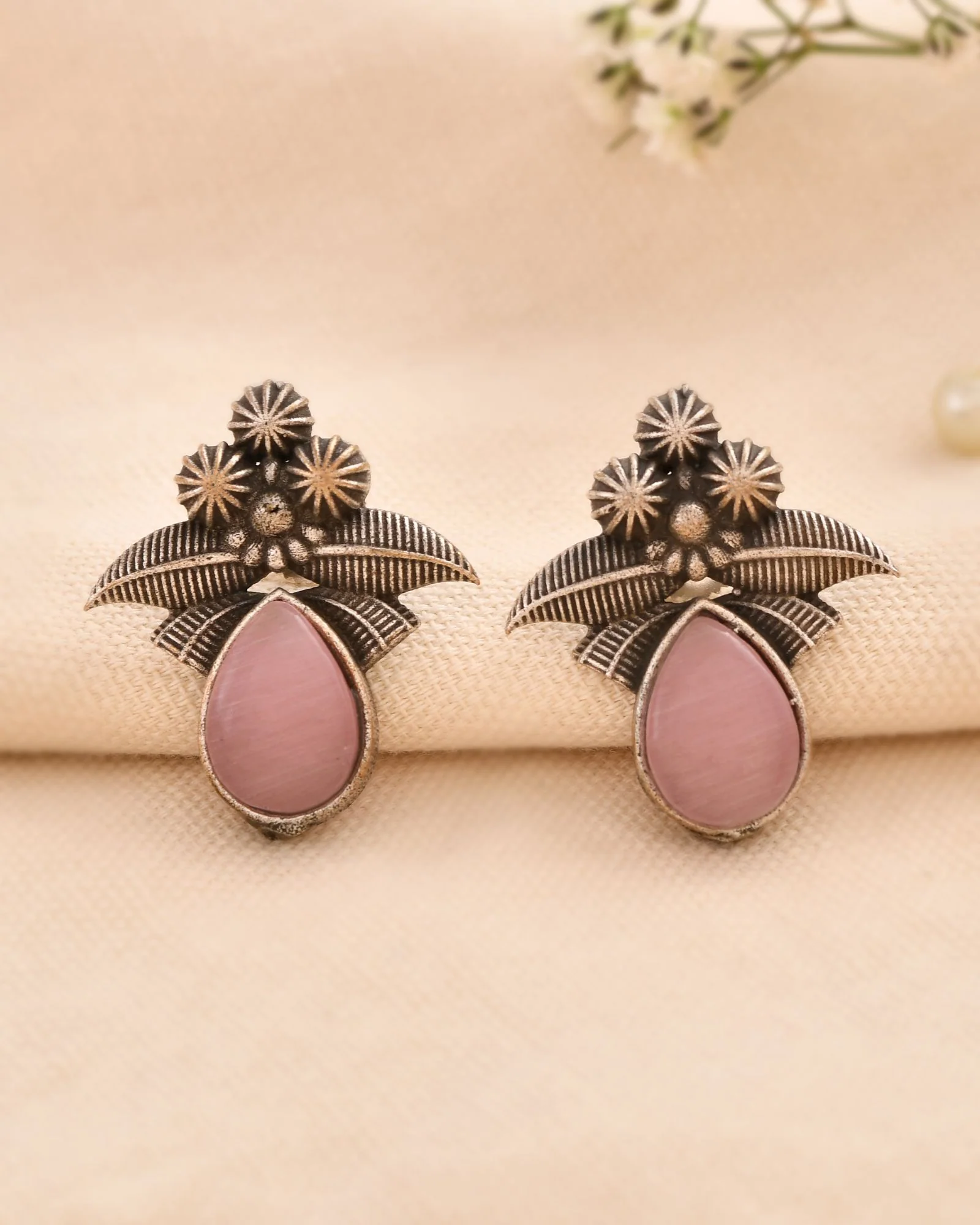 Jewels Nest Oxidised Silver Pink Stone Floral Stud Earrings For Women