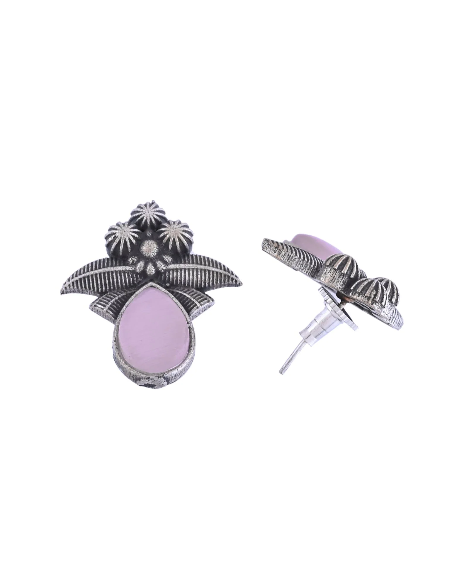 Jewels Nest Oxidised Silver Pink Stone Floral Stud Earrings For Women - Image 3