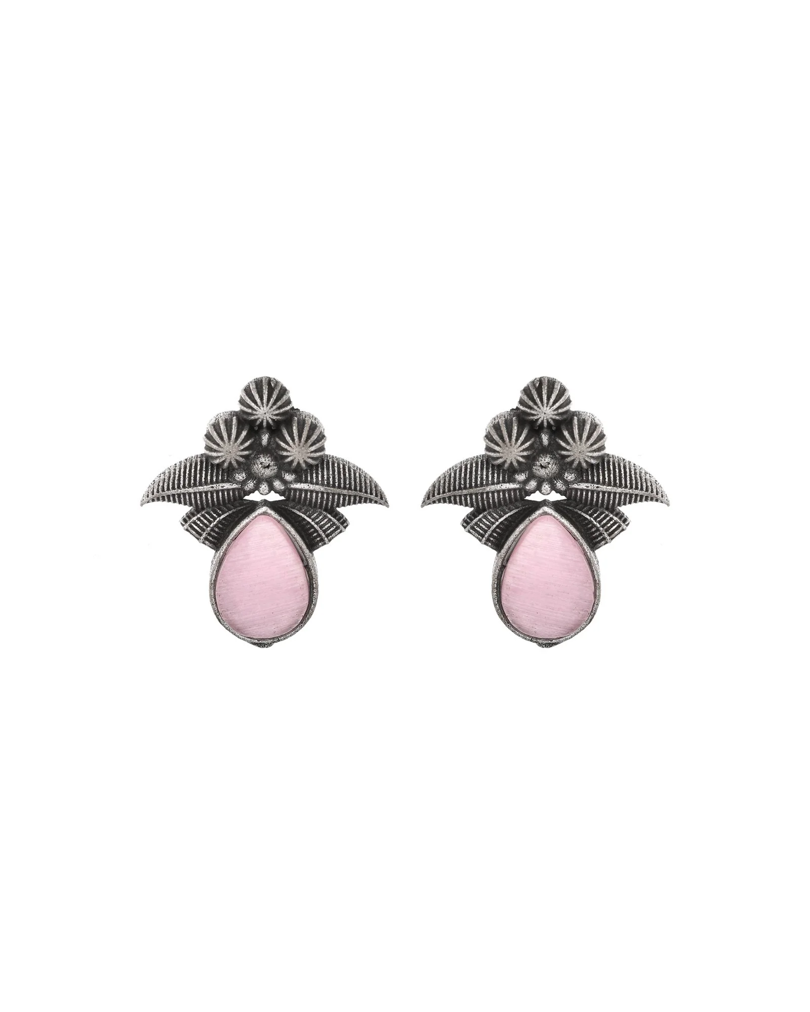 Jewels Nest Oxidised Silver Pink Stone Floral Stud Earrings For Women - Image 4