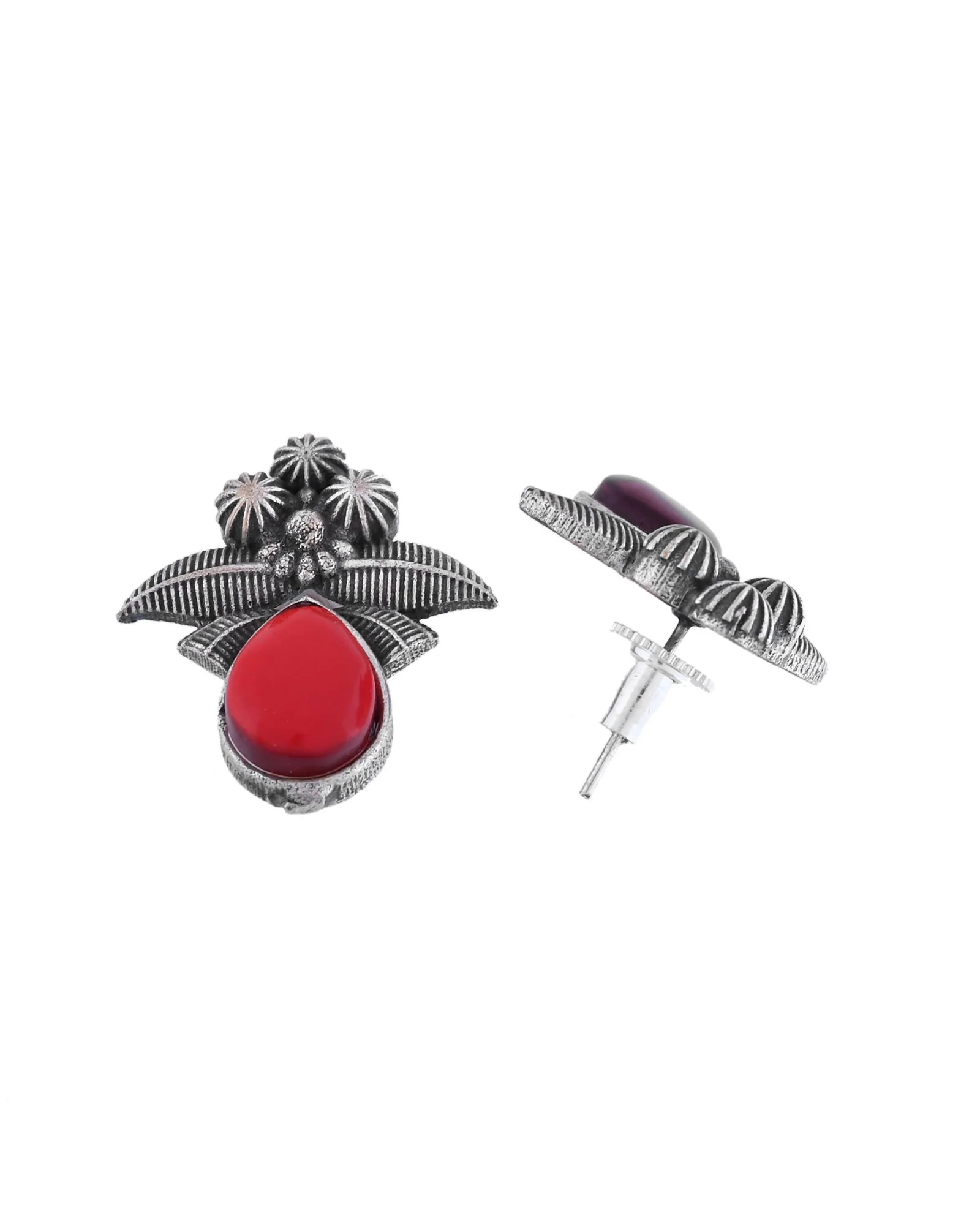 Jewels Nest Oxidised Silver Red Stone Floral Stud Earrings For Women - Image 5