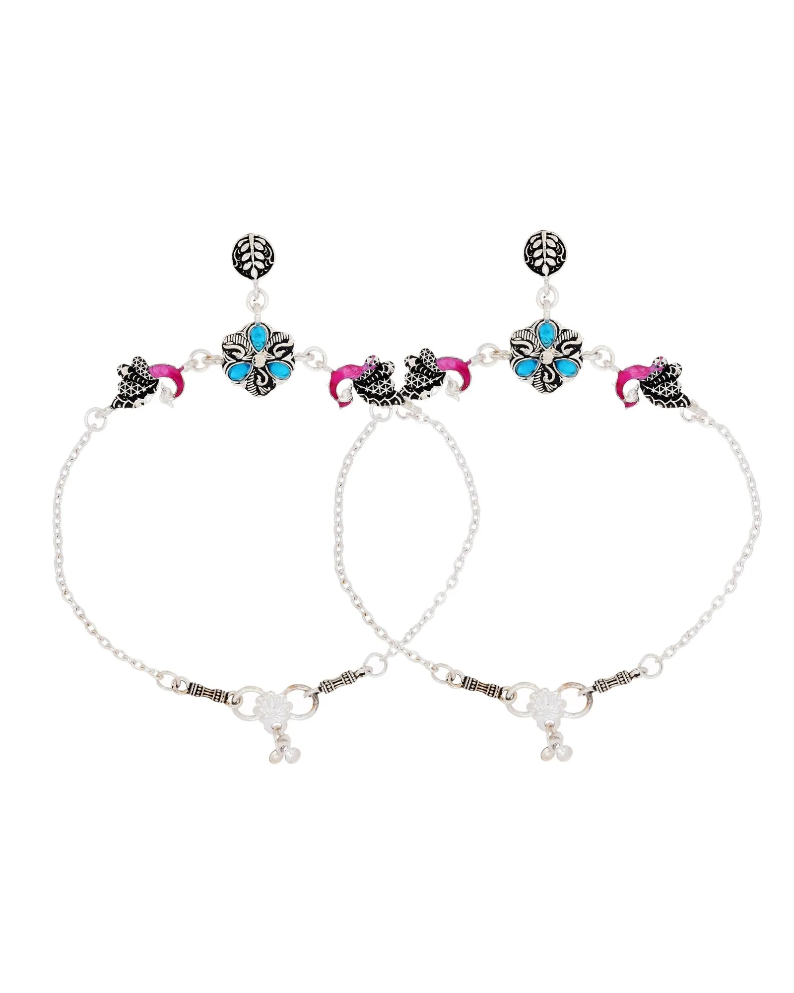 Jewels Nest Peacock Blossom Silver Anklet With Turquoise Enamel And Artistic Danglers - Image 4