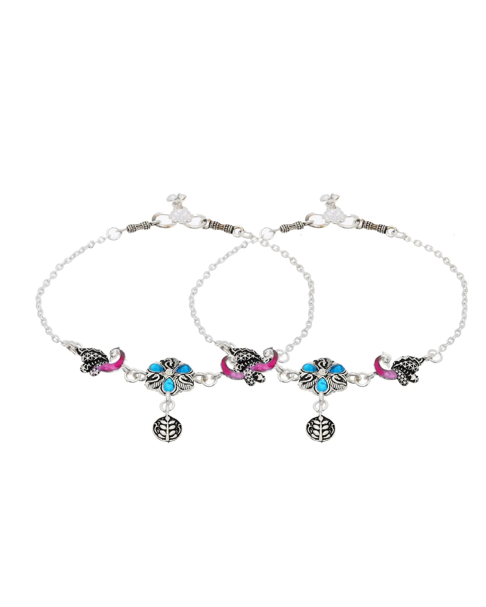 Jewels Nest Peacock Blossom Silver Anklet With Turquoise Enamel And Artistic Danglers - Image 6