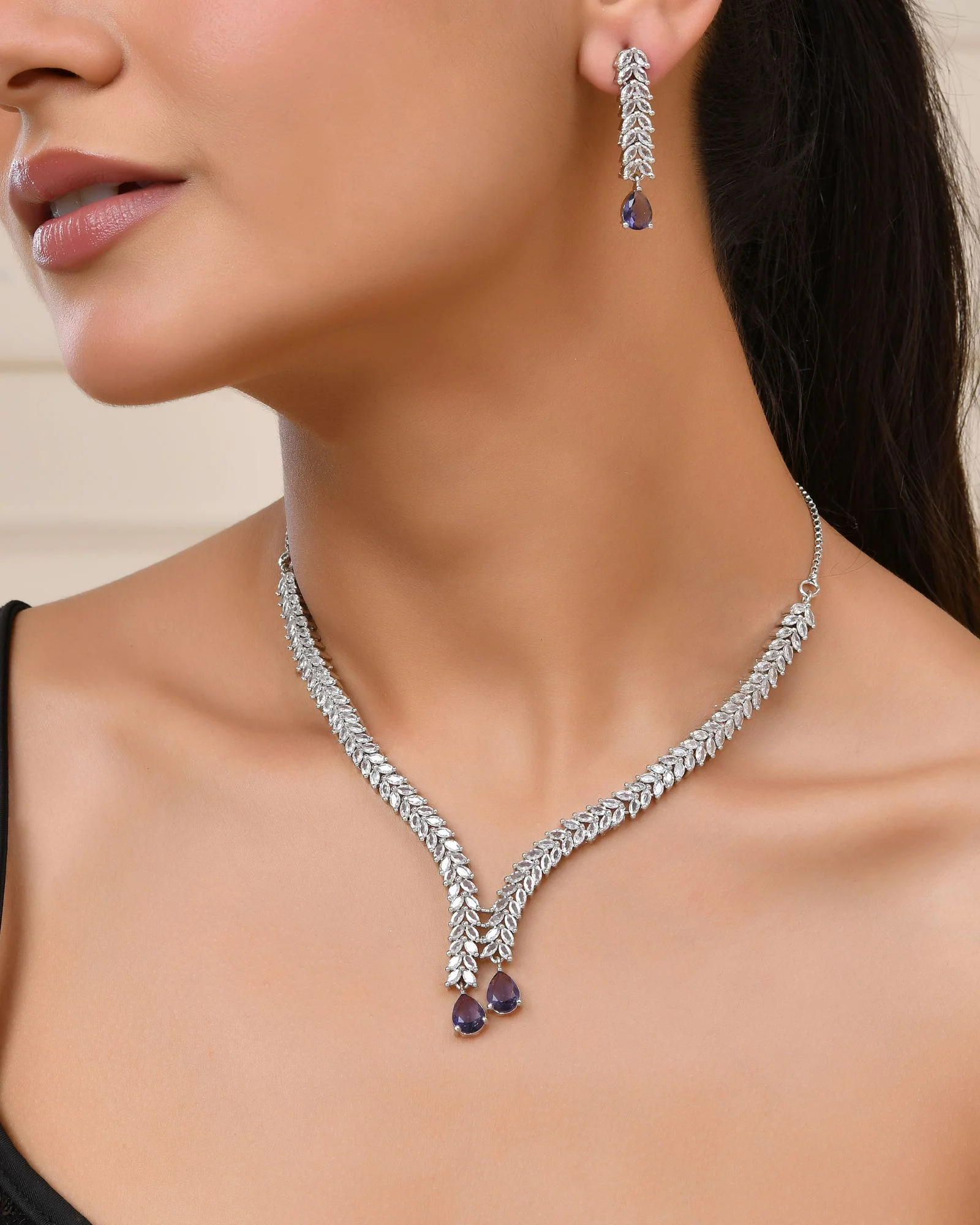 Jewels Nest Purple Stone Diamond-Style Necklace Set With Drop Earrings - Image 3