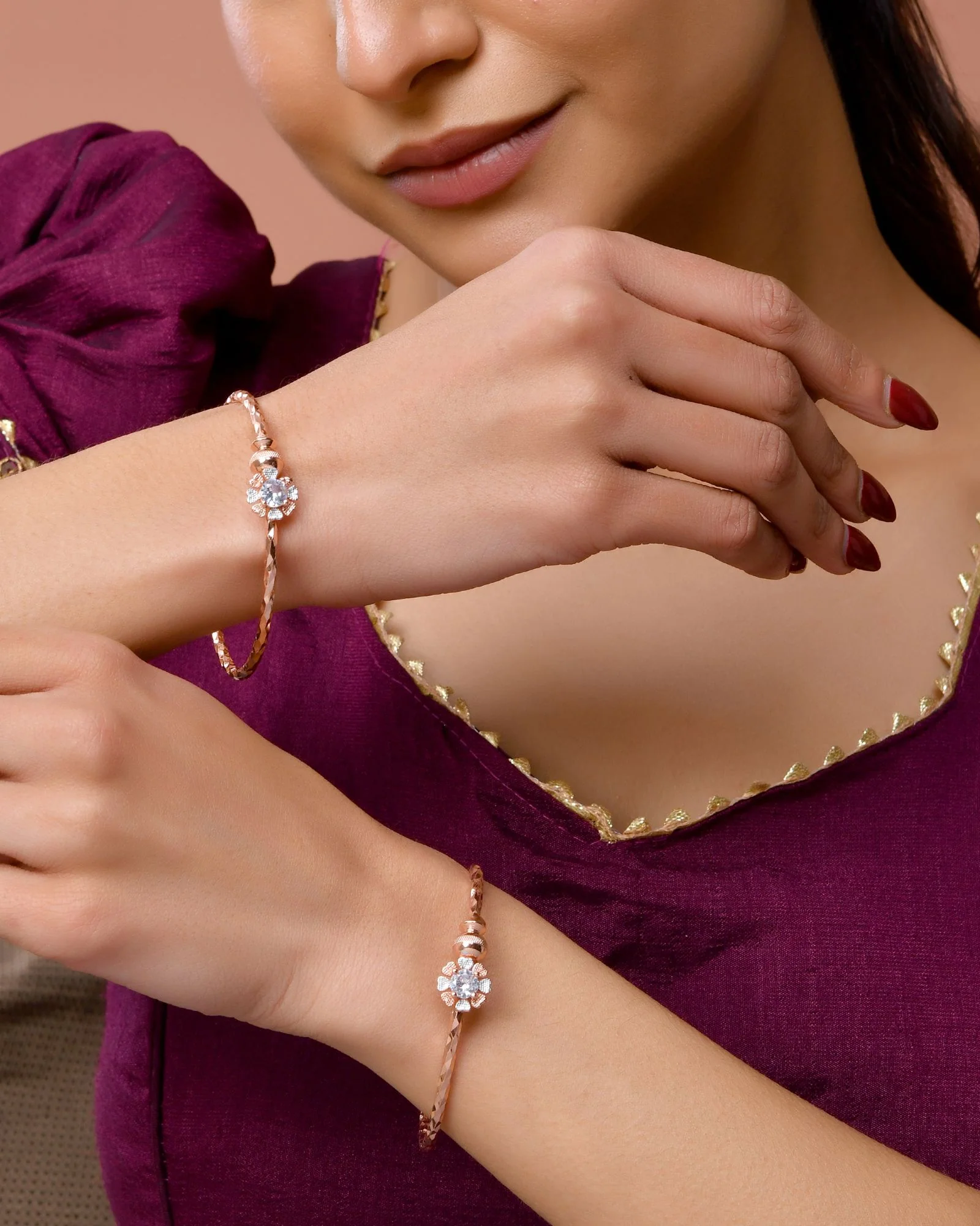 Jewels Nest Rose Gold Plated Floral Stone Bangles For Women | Elegant Daily Wear Pair - Image 2