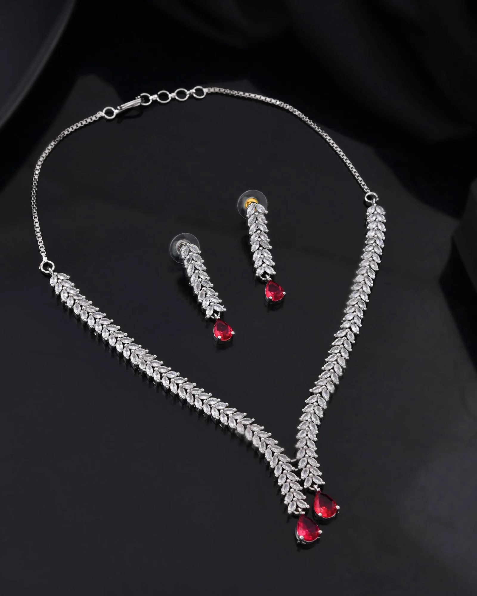 Jewels Nest Ruby Pink Diamond-Style Necklace Set With Matching Drop Earrings