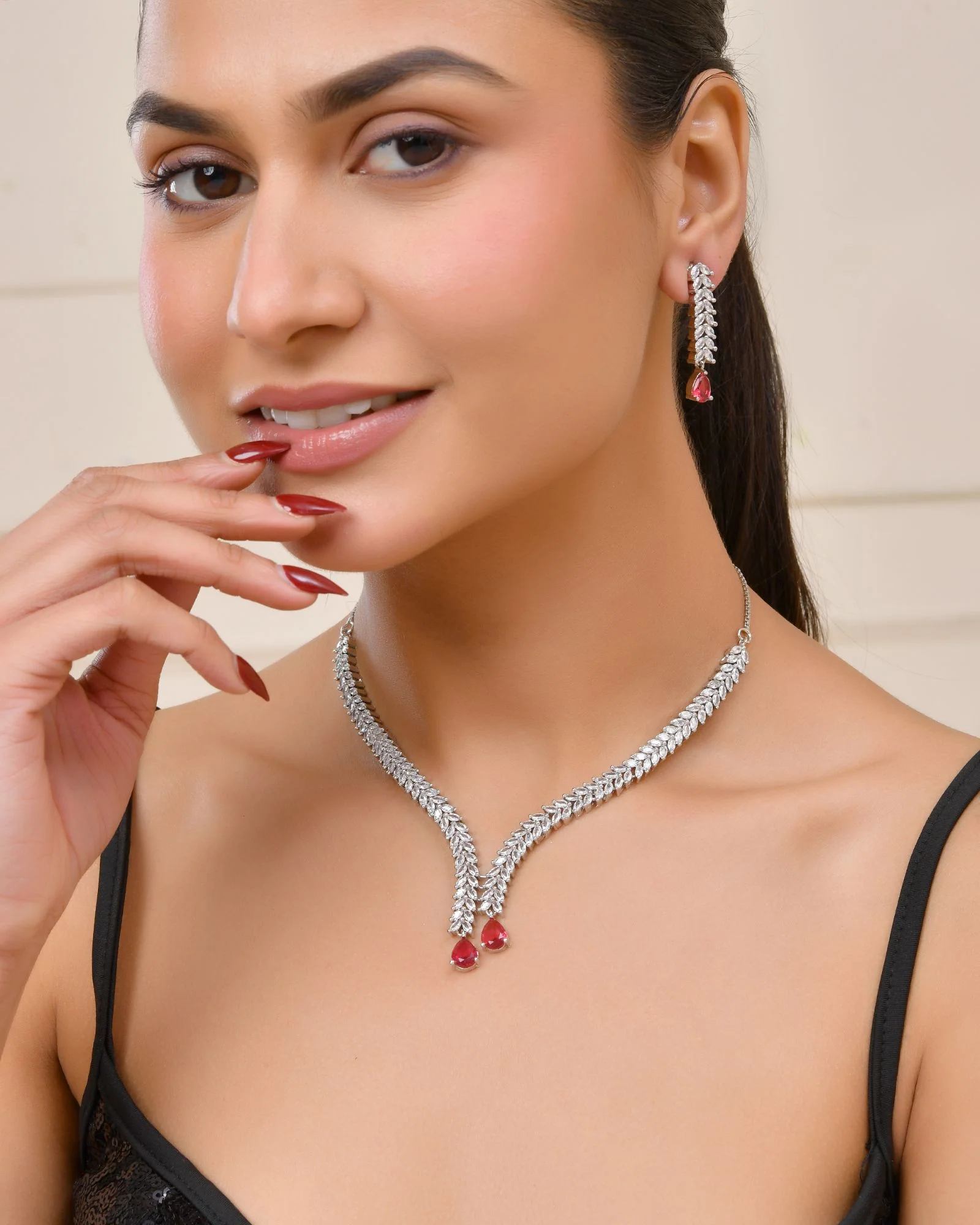 Jewels Nest Ruby Pink Diamond-Style Necklace Set With Matching Drop Earrings - Image 2