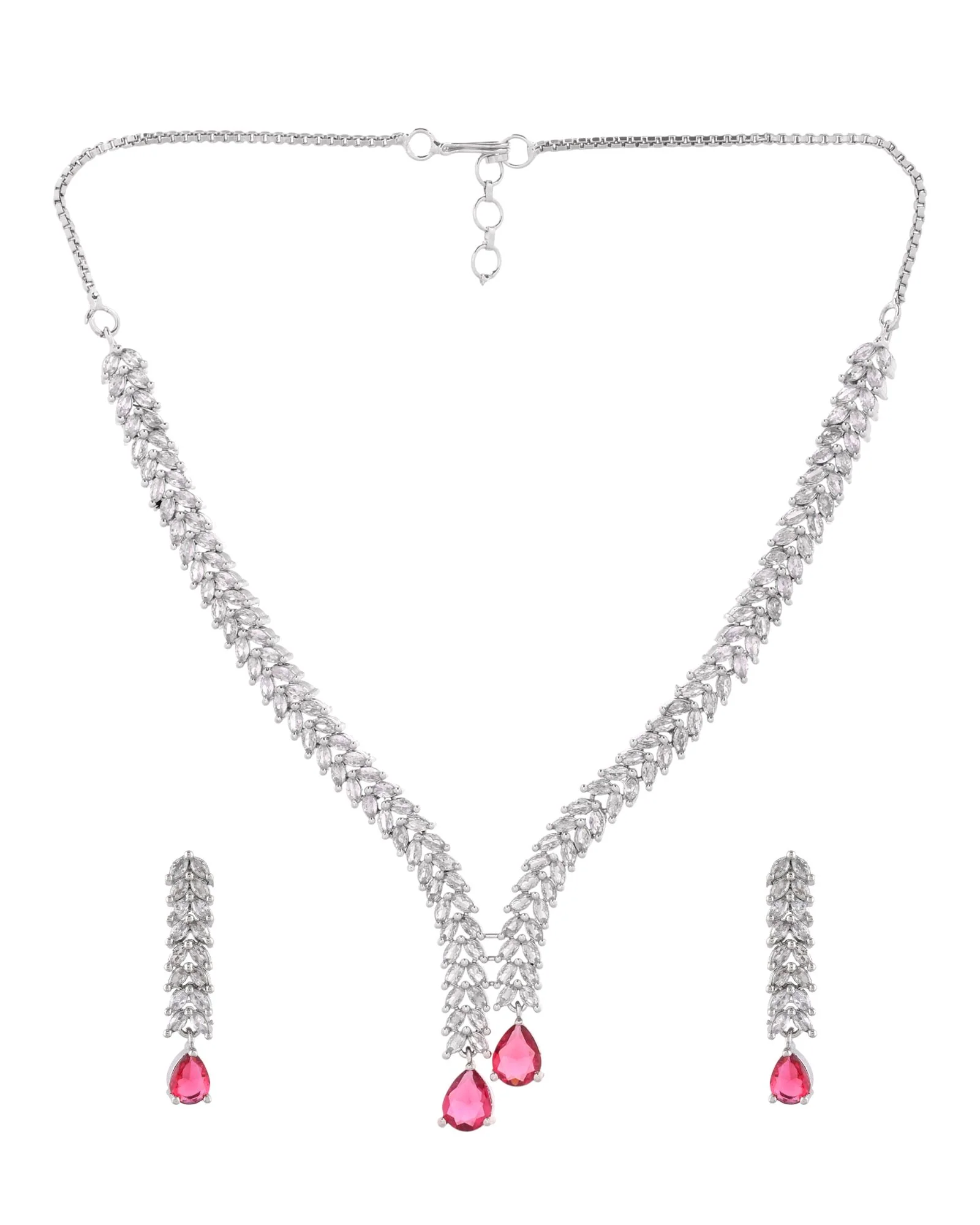 Jewels Nest Ruby Pink Diamond-Style Necklace Set With Matching Drop Earrings - Image 4