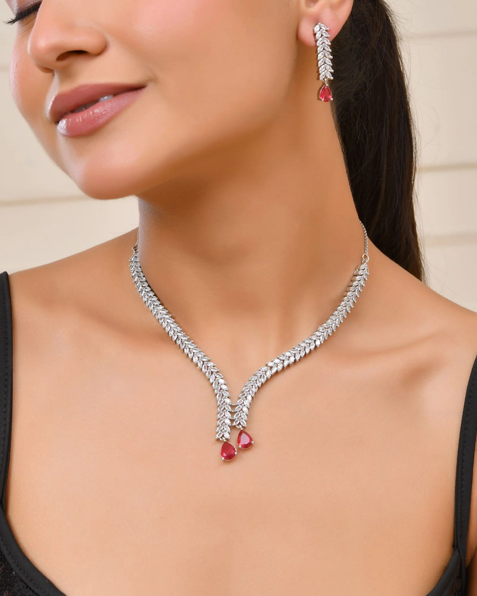 Jewels Nest Ruby Pink Diamond-Style Necklace Set With Matching Drop Earrings - Image 6