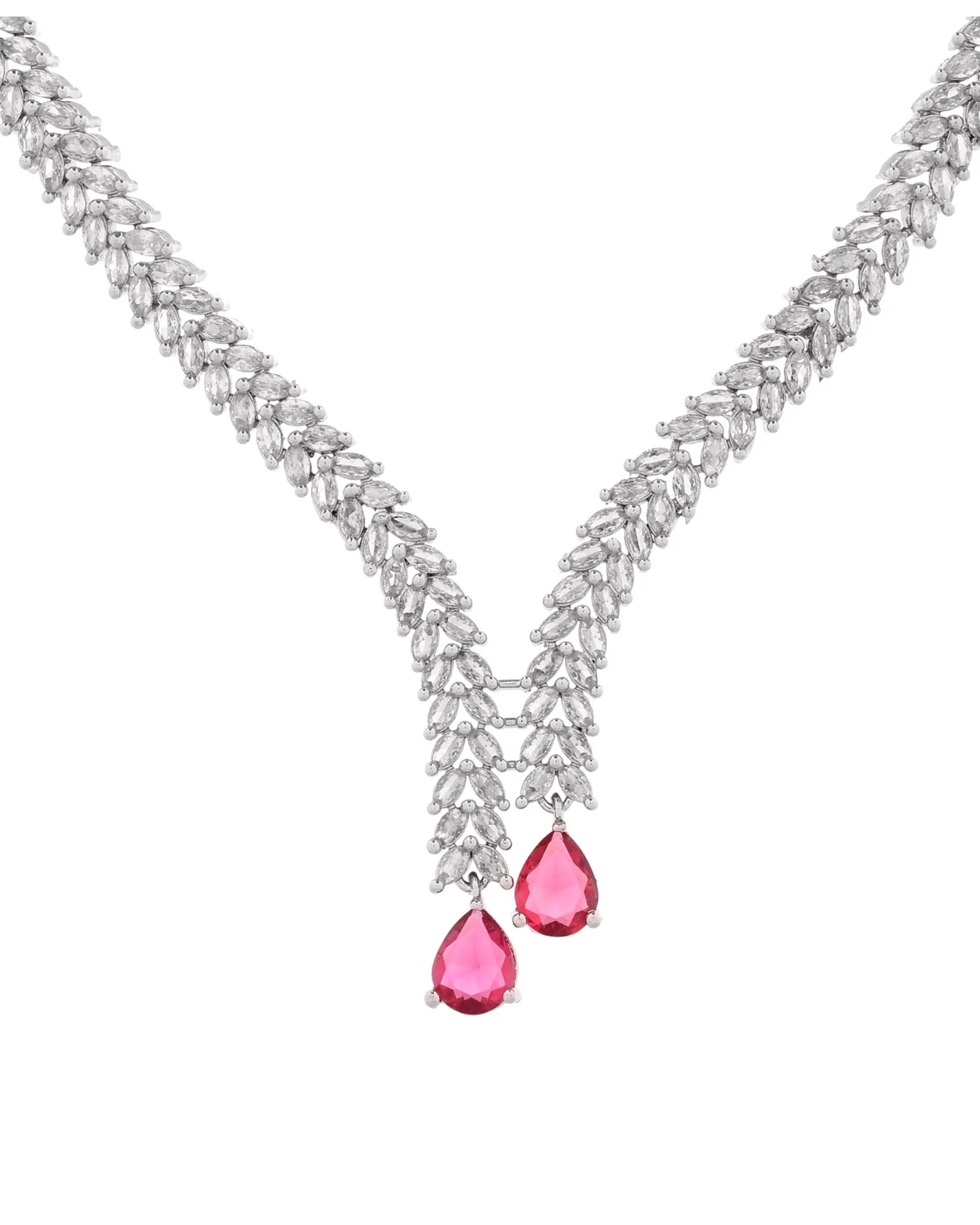 Jewels Nest Ruby Pink Diamond-Style Necklace Set With Matching Drop Earrings - Image 7