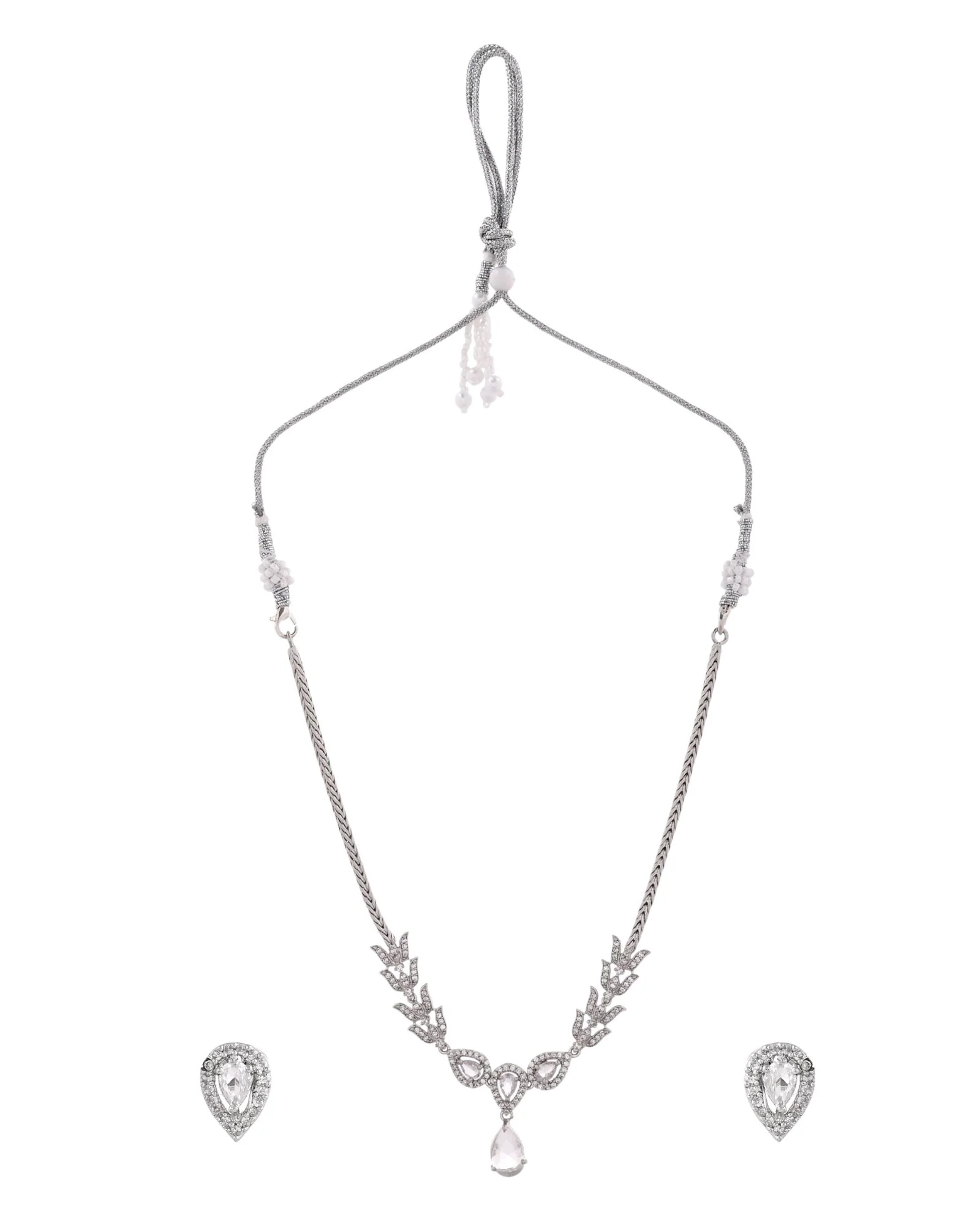 Jewels Nest Silver-Plated American Diamond (Ad) Necklace Set With Teardrop Pendant & Matching Earrings - Image 4