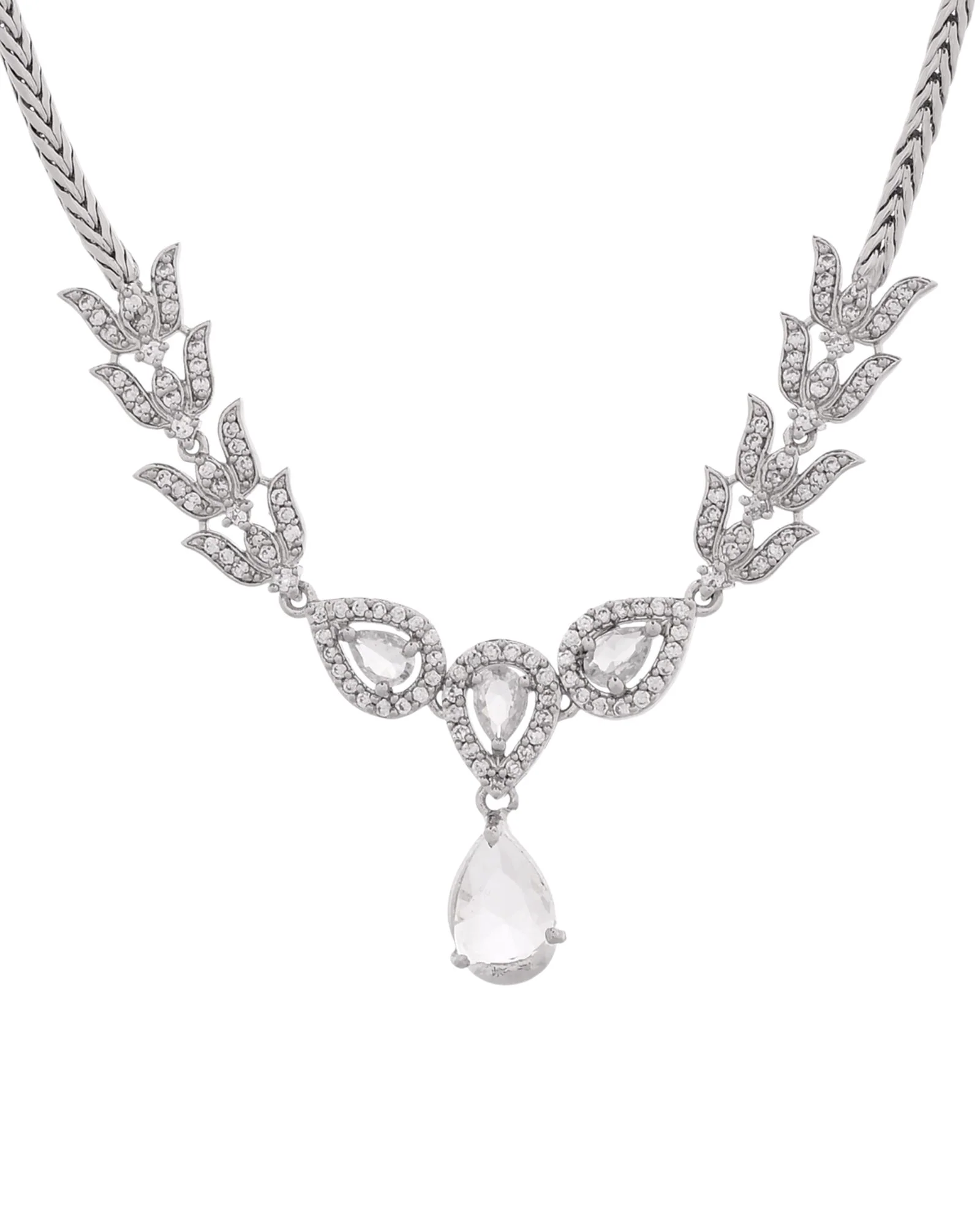 Jewels Nest Silver-Plated American Diamond (Ad) Necklace Set With Teardrop Pendant & Matching Earrings - Image 5