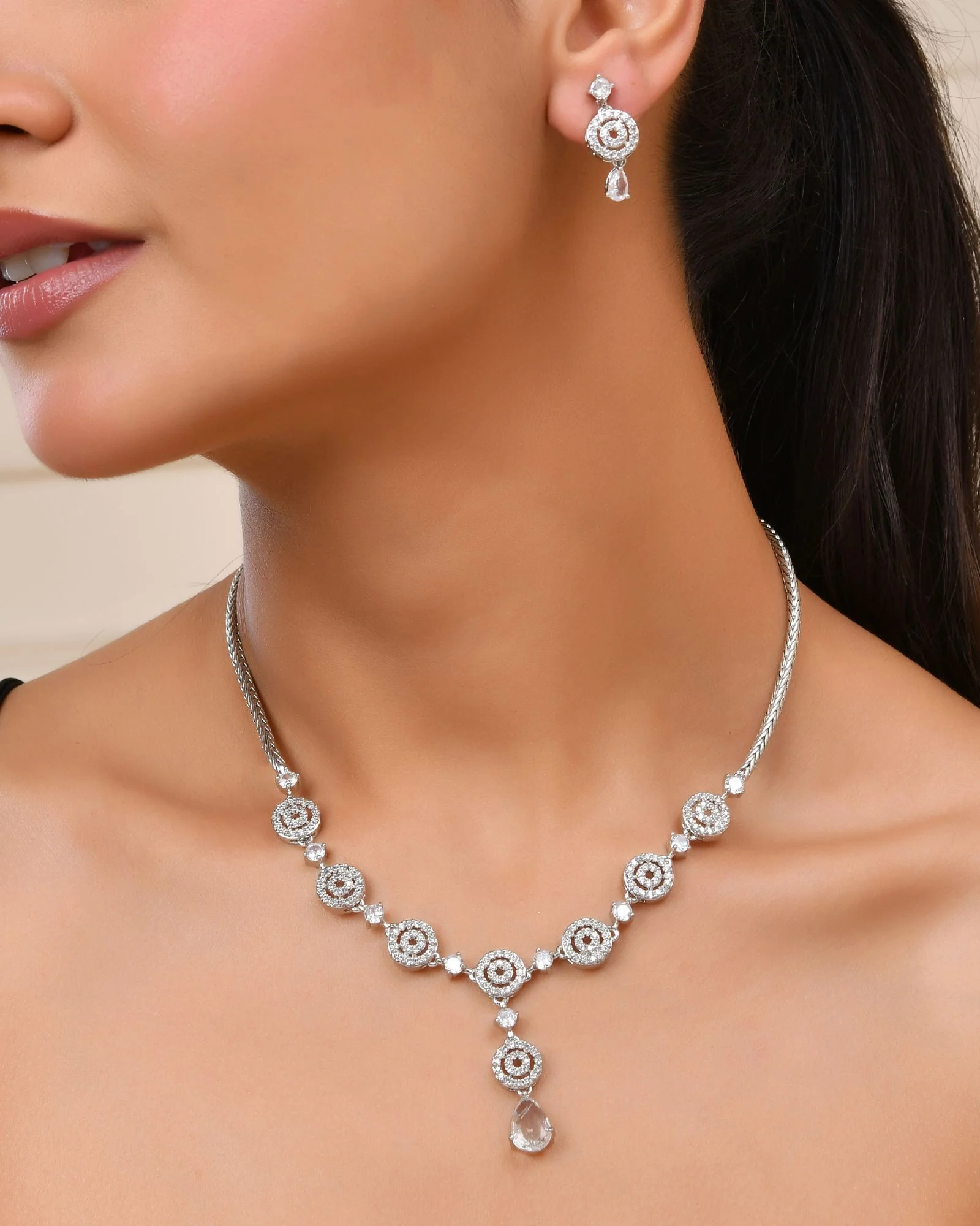 Jewels Nest Silver-Plated And Crystal Drop Necklace Set With Matching Earrings - Image 3