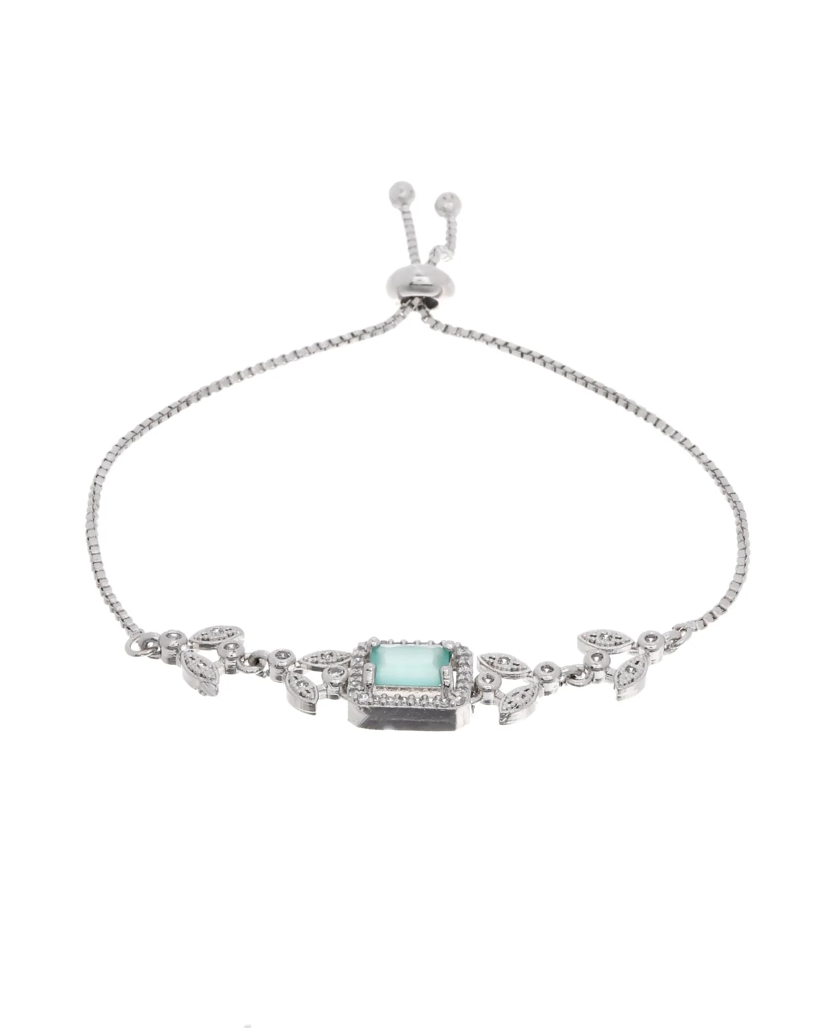 Jewels Nest Silver Plated Green Stone Adjustable Bracelet With Leaf Cz Design - Image 5