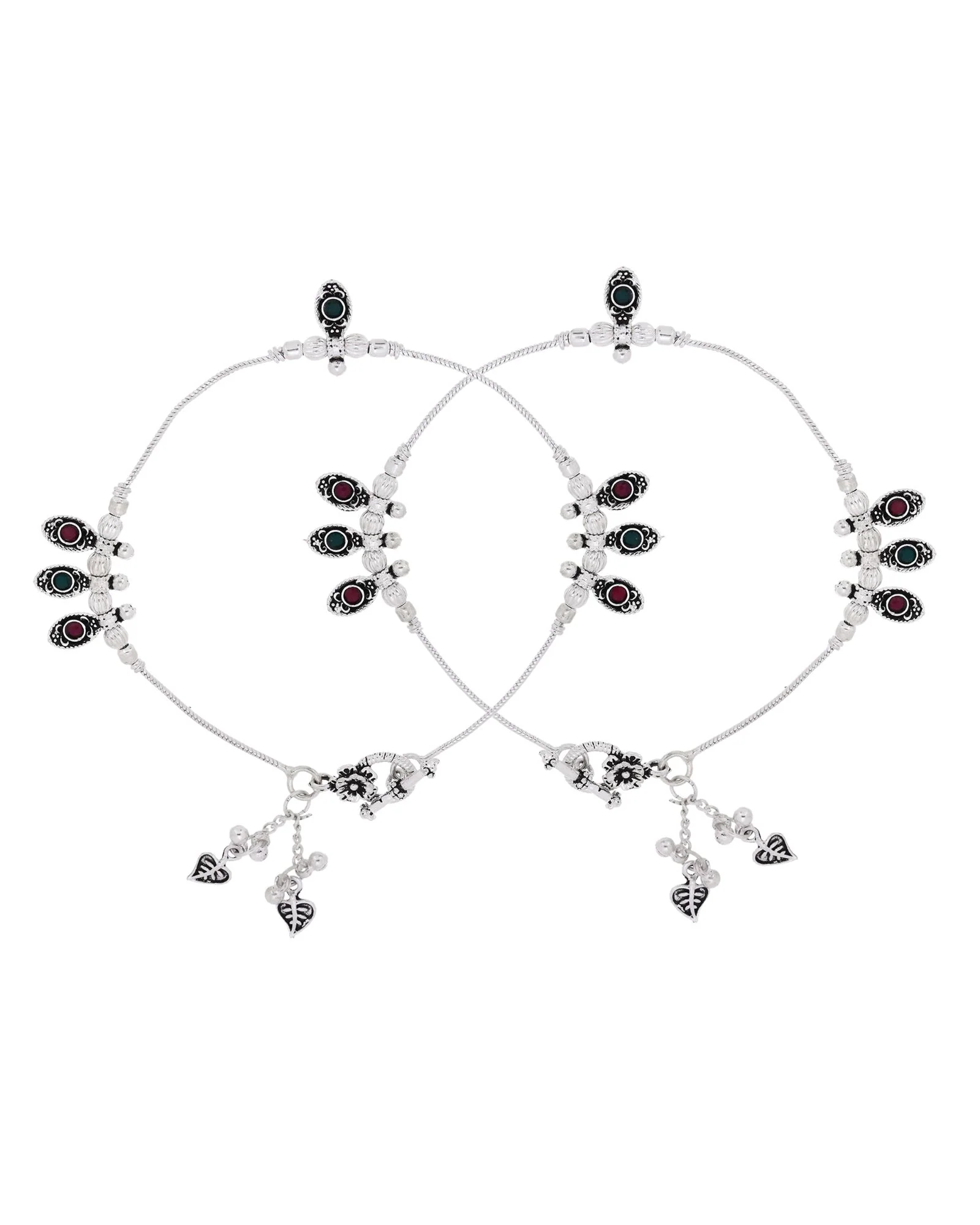 Jewels Nest Silver Plated Oval Stone Adjustable Anklet With Leaf Charms For Women - Image 4