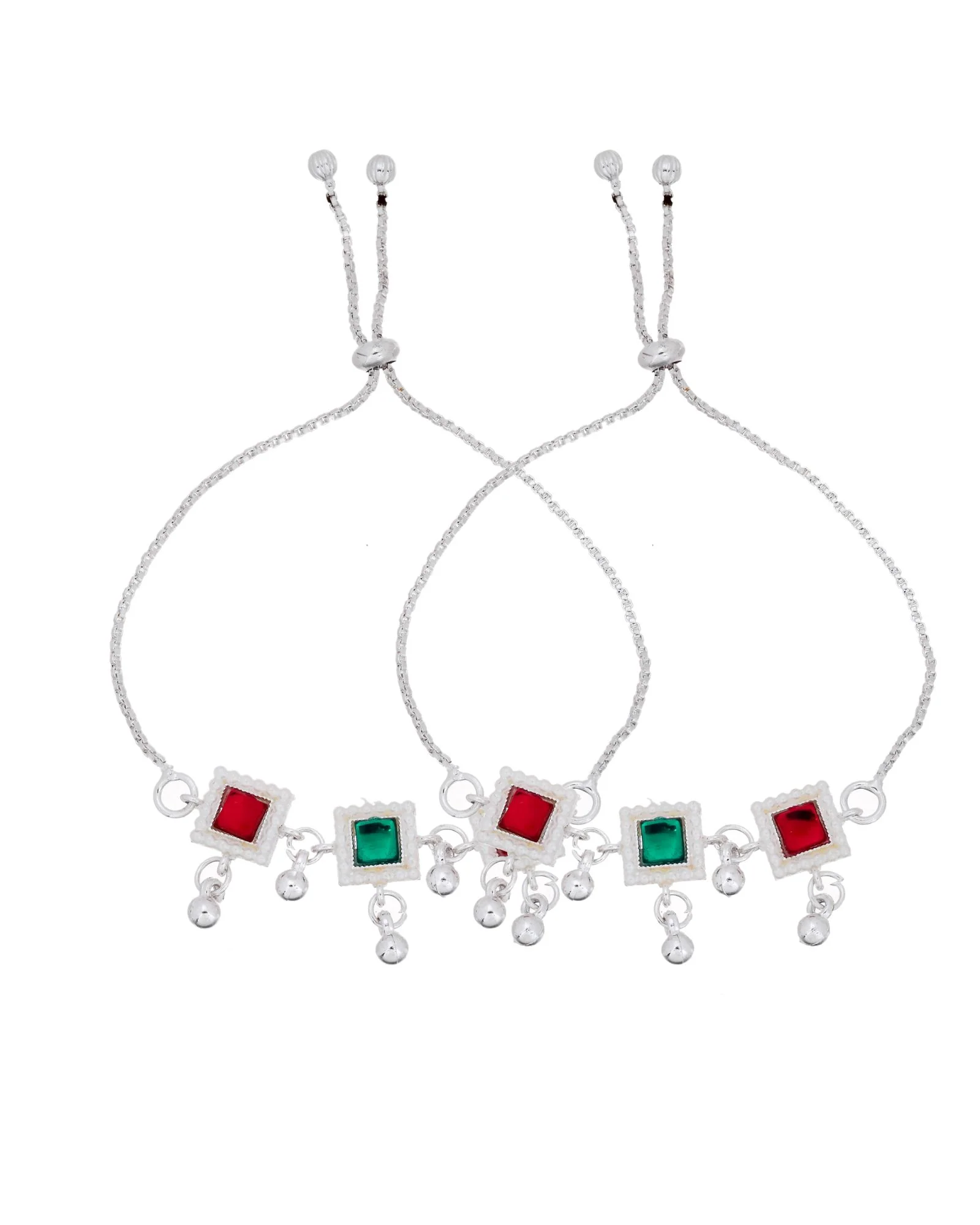 Jewels Nest Silver Plated Square Stone Adjustable Anklet With Ghungroo Charms For Women - Image 5