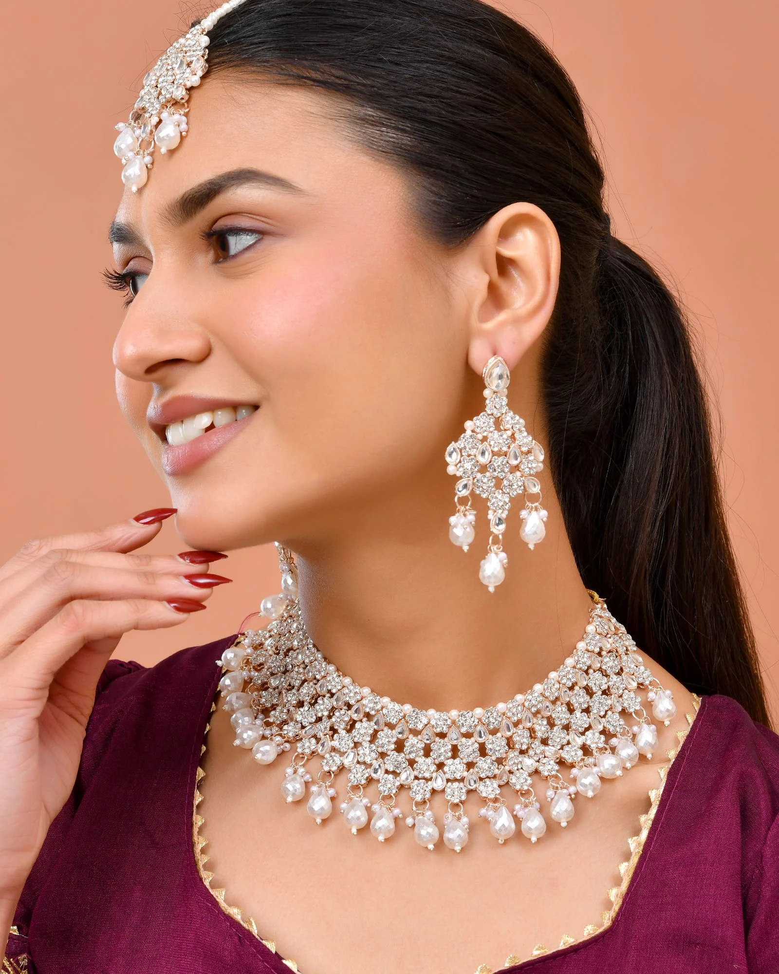 Jewels Nest Silver-Tone Pearl & Crystal Bridal Choker Necklace Set With Earrings And Maang Tikka - Image 2