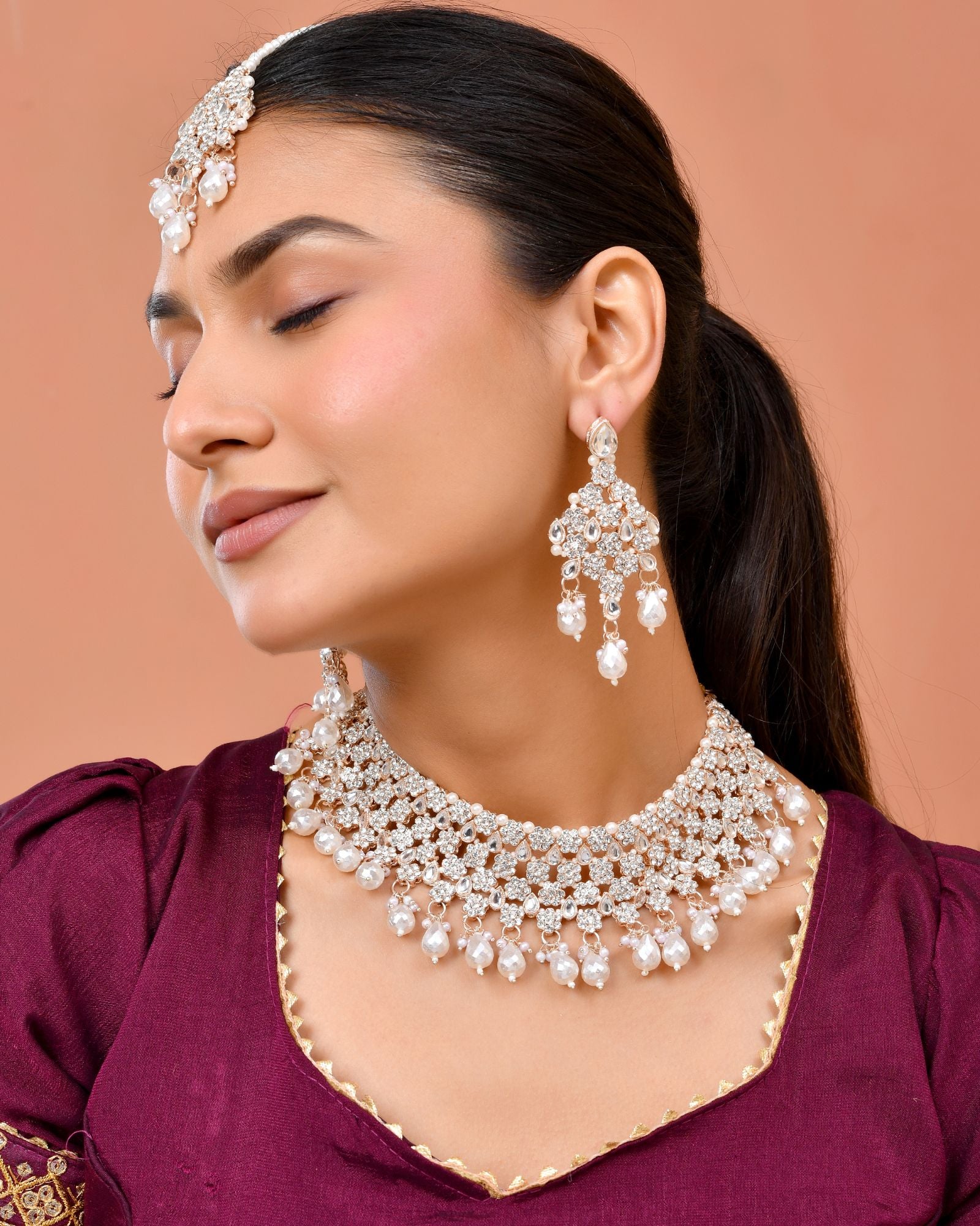 Jewels Nest Silver-Tone Pearl & Crystal Bridal Choker Necklace Set With Earrings And Maang Tikka - Image 3