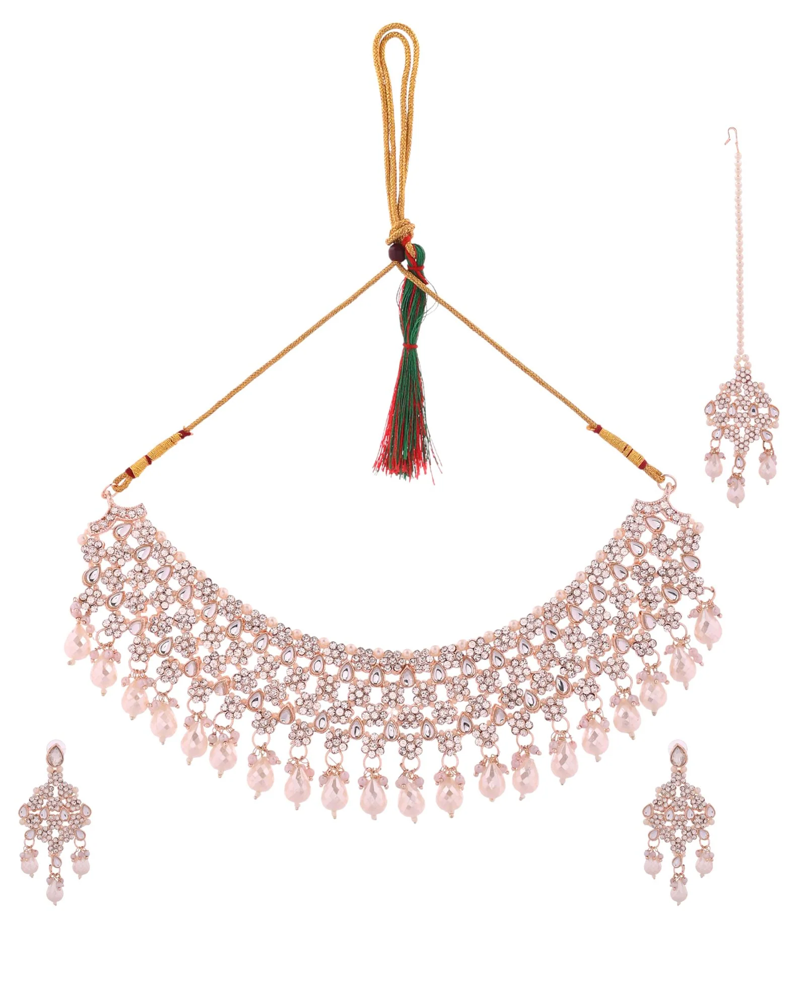Jewels Nest Silver-Tone Pearl & Crystal Bridal Choker Necklace Set With Earrings And Maang Tikka - Image 4