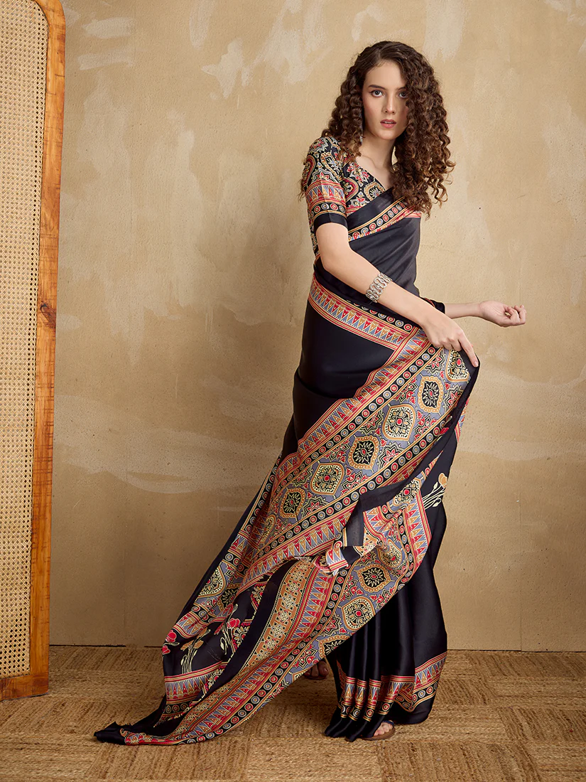 Monjolika Fashion Black Printed Satin Saree - Image 2