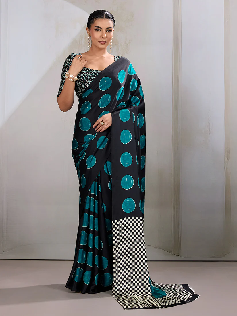 Monjolika Fashion Black & Teal Satin Printed Saree - Image 2