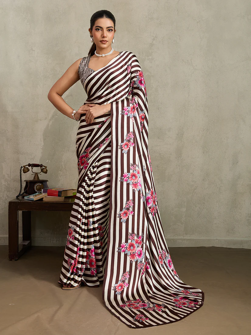 Monjolika Fashion Brown Printed Satin Saree
