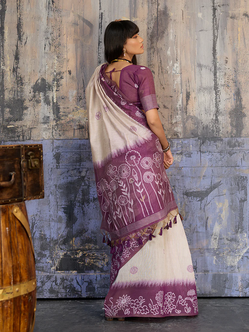 Monjolika Fashion Cotton Blend Cream & Plum Saree - Image 4