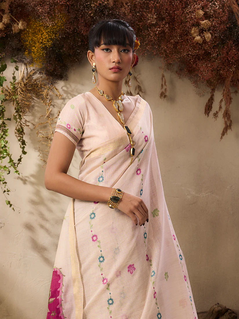 Monjolika Fashion Cotton Blend woven Cream Saree - Image 4