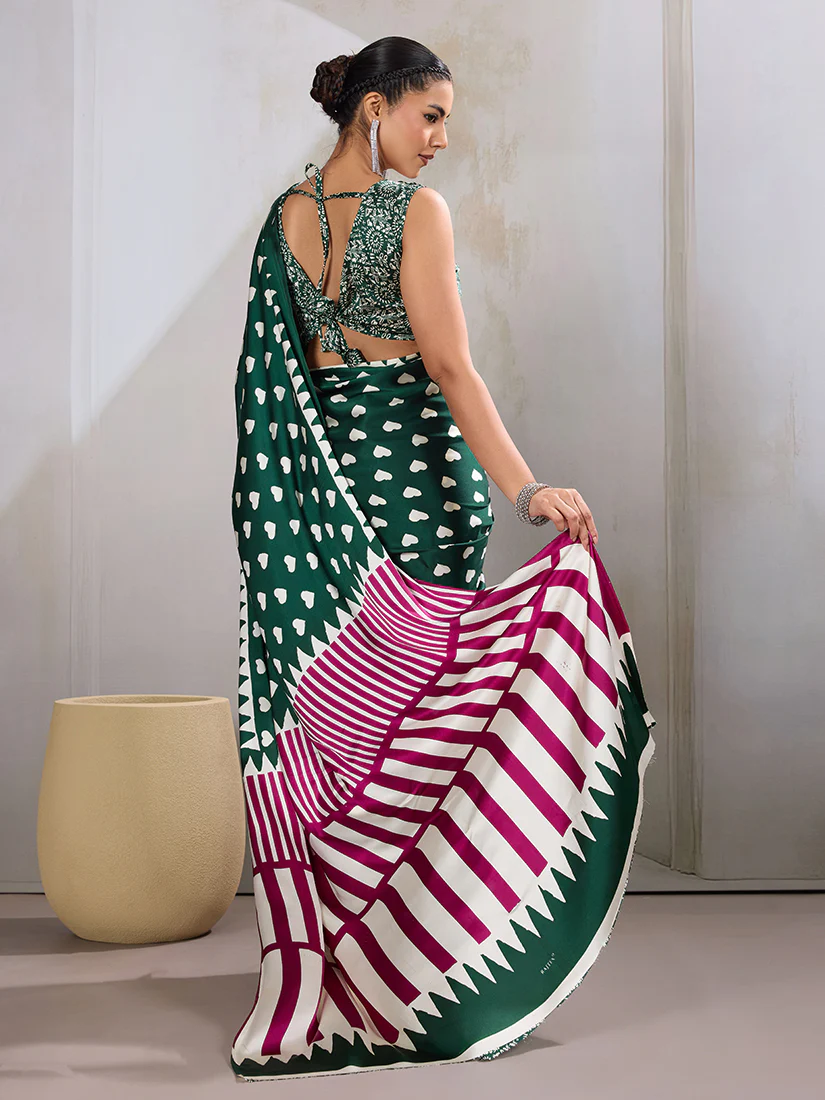 Monjolika Fashion Dark Green Printed Satin Saree - Image 4