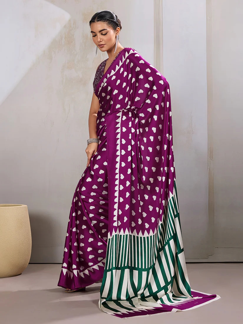 Monjolika Fashion Dark Magenta Printed Satin Saree - Image 2