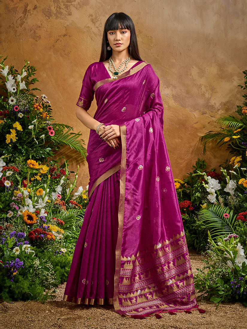 Monjolika Fashion Dark Magenta Tussar Silk Blend woven Work Saree - Image 2