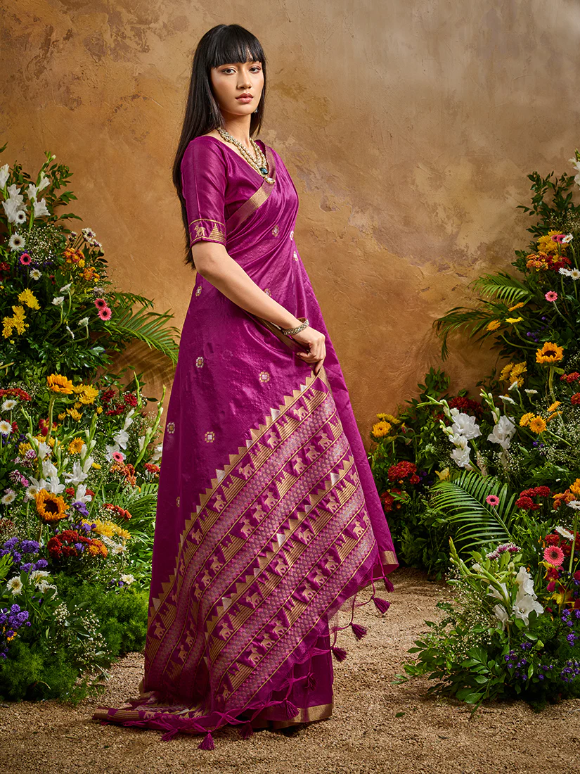 Monjolika Fashion Dark Magenta Tussar Silk Blend woven Work Saree - Image 4