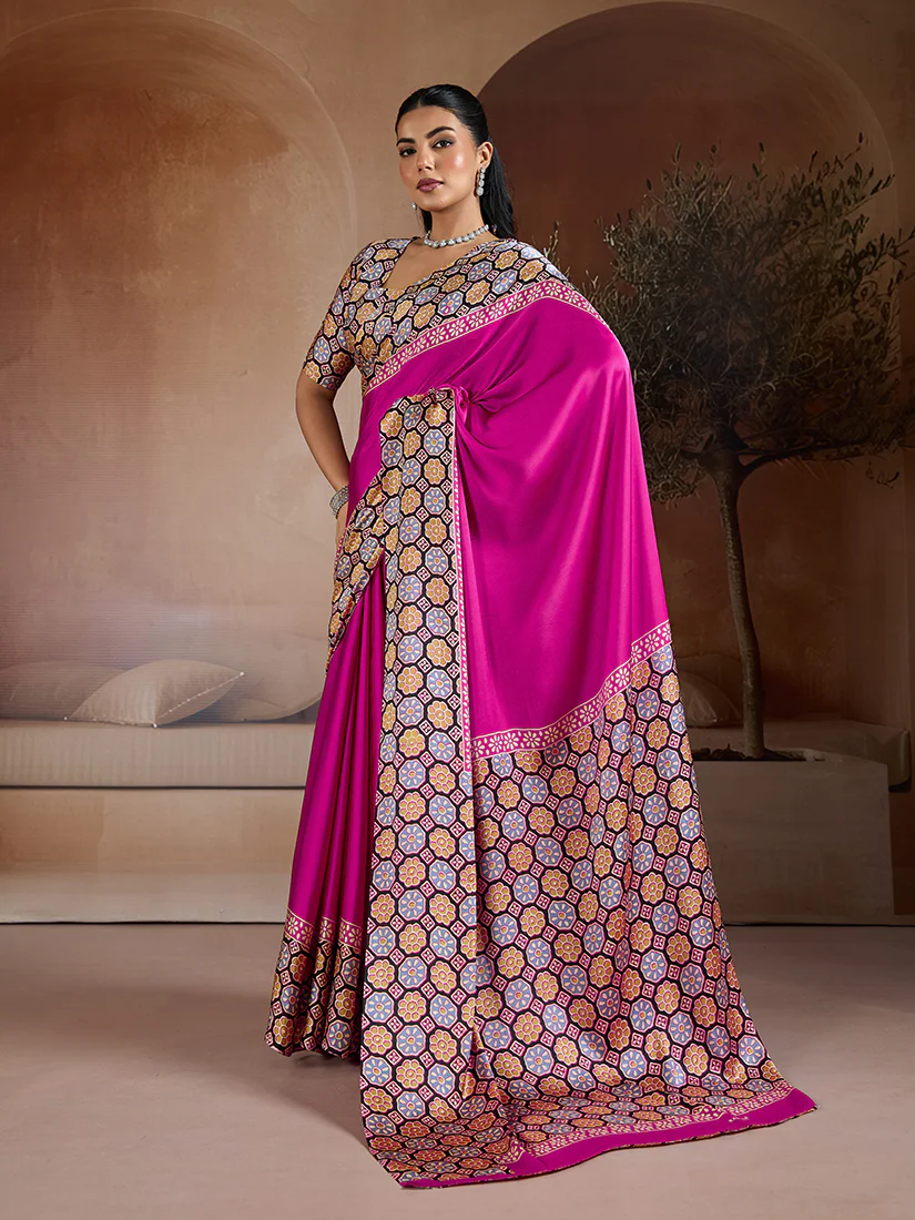 Monjolika Fashion Magenta Printed Satin Saree - Image 2