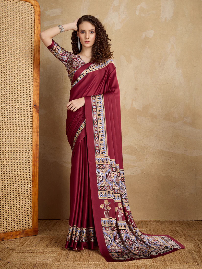 Monjolika Fashion Maroon Printed Satin Saree