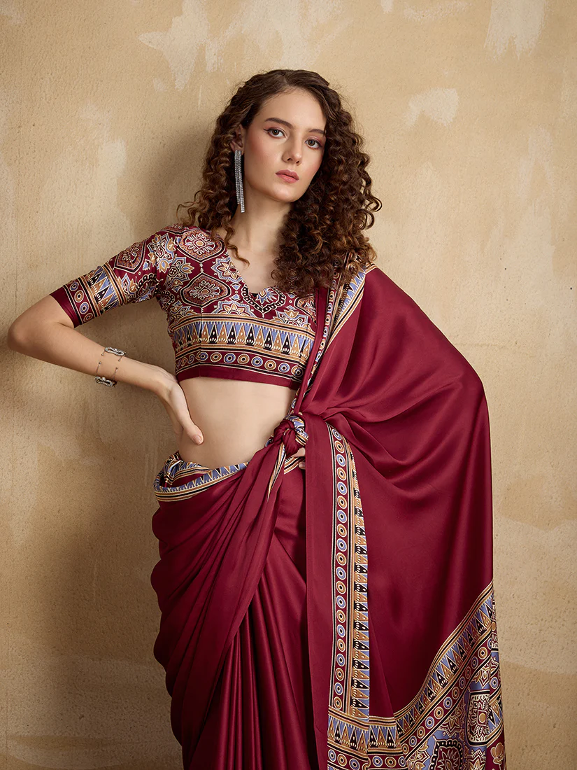 Monjolika Fashion Maroon Printed Satin Saree - Image 2
