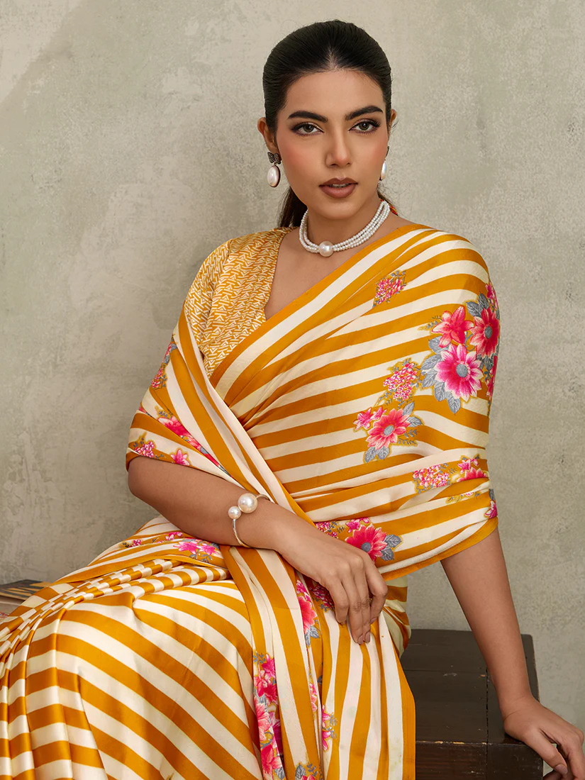 Monjolika Fashion Mustard Printed Satin Saree - Image 3