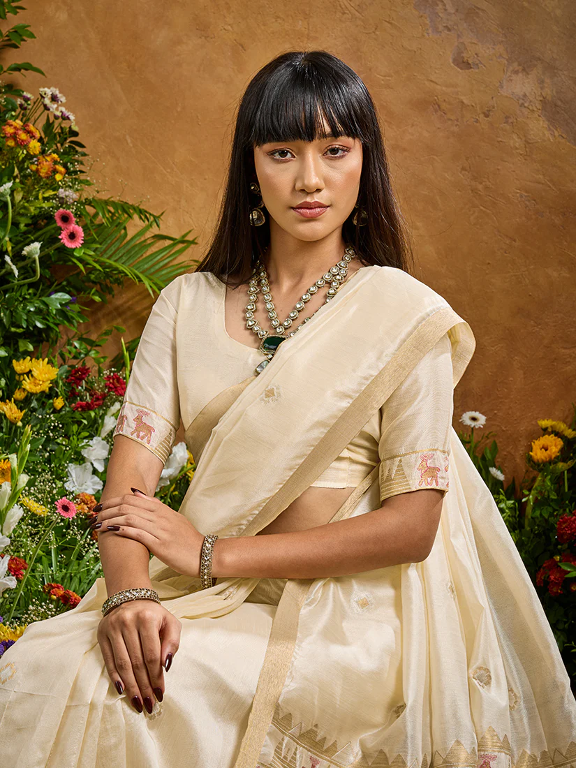 Monjolika Fashion Off White Tussar Silk Blend woven Work Saree - Image 4